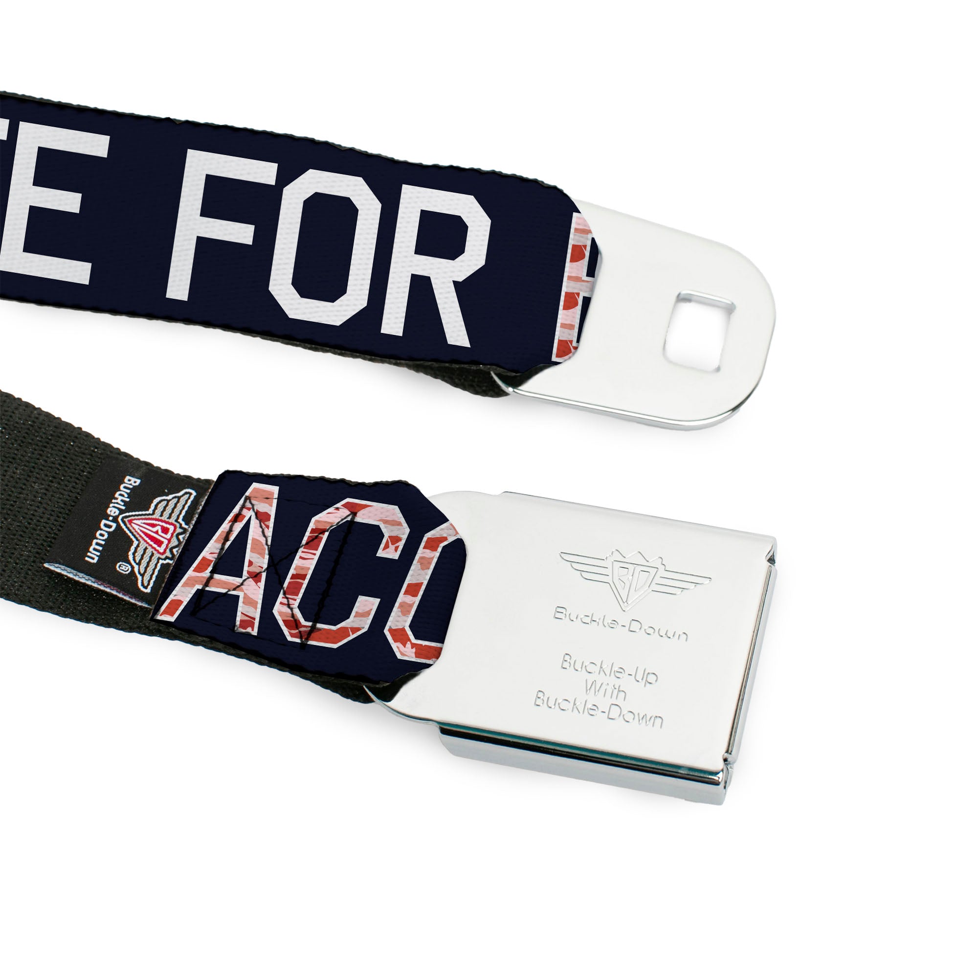 BD Wings Logo CLOSE-UP Full Color Black Silver Seatbelt Belt - VOTE FOR BACON Black/White/Bacon Webbing Seatbelt Belts Buckle-Down