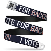 BD Wings Logo CLOSE-UP Full Color Black Silver Seatbelt Belt - VOTE FOR BACON Black/White/Bacon Webbing Seatbelt Belts Buckle-Down