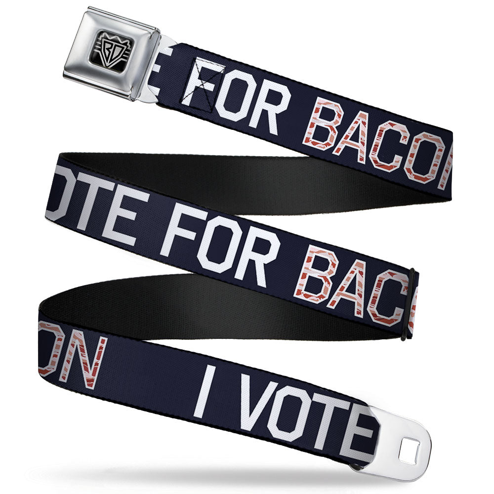 BD Wings Logo CLOSE-UP Full Color Black Silver Seatbelt Belt - VOTE FOR BACON Black/White/Bacon Webbing Seatbelt Belts Buckle-Down