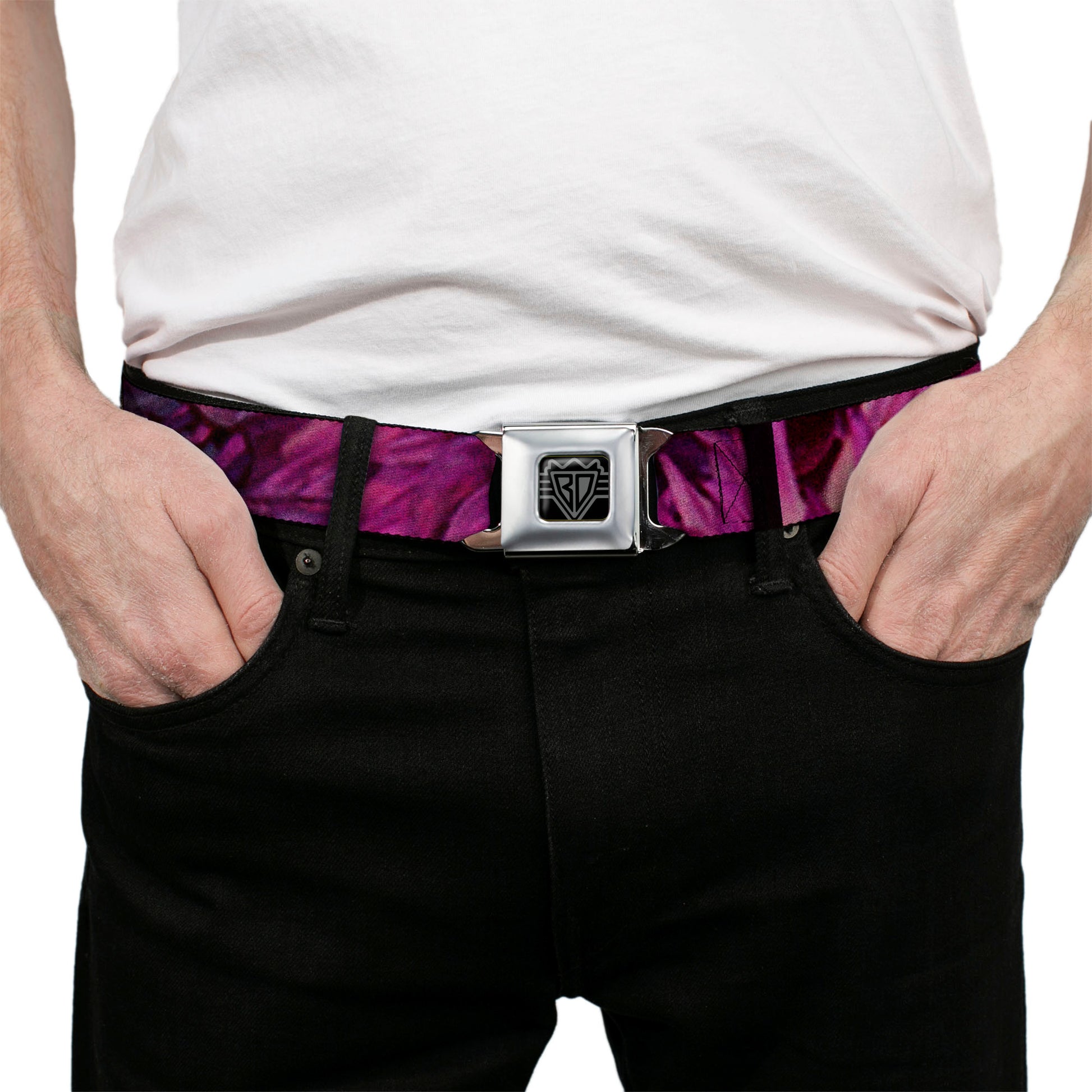 BD Wings Logo CLOSE-UP Full Color Black Silver Seatbelt Belt - Vivid Floral Collage Pinks Webbing Seatbelt Belts Buckle-Down