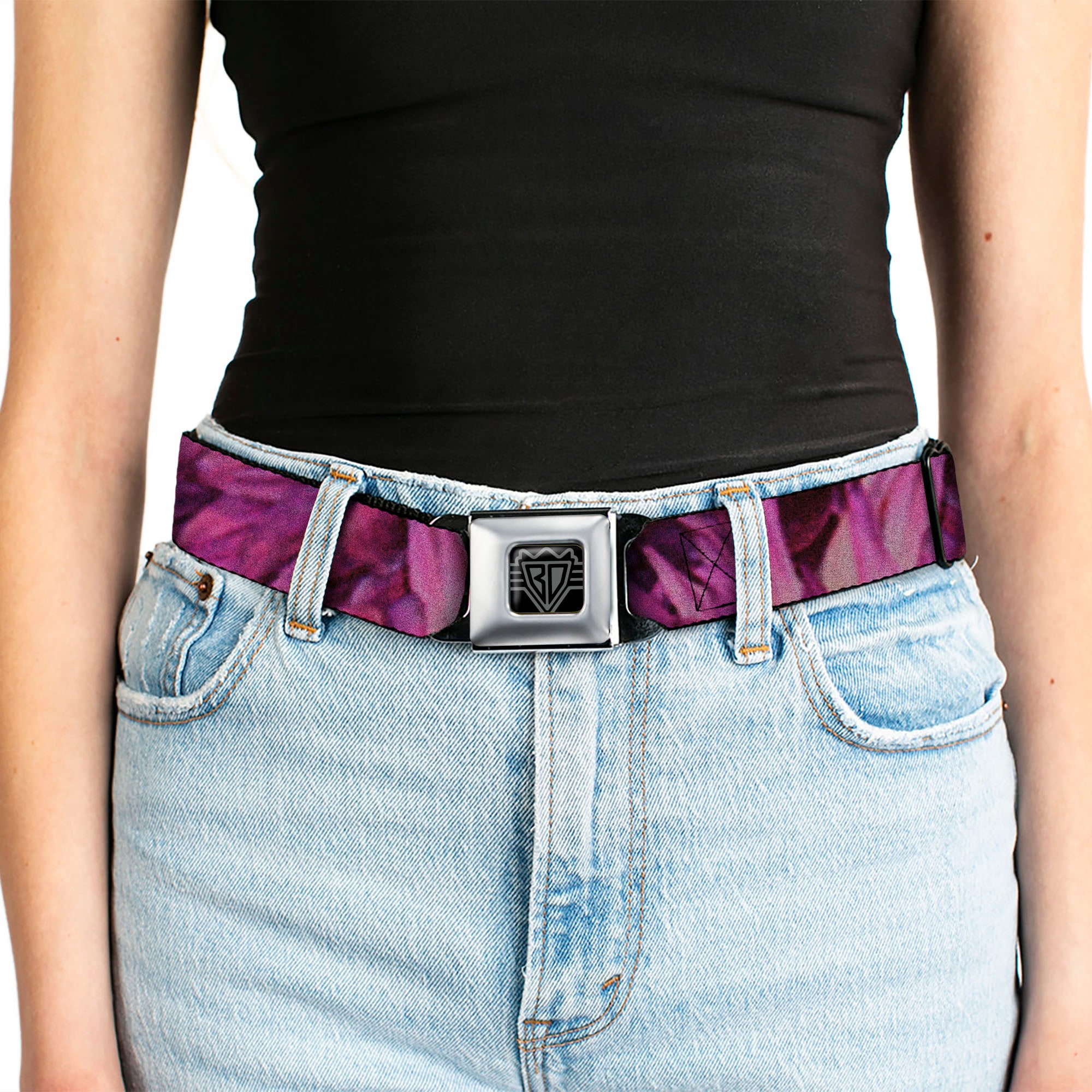 BD Wings Logo CLOSE-UP Full Color Black Silver Seatbelt Belt - Vivid Floral Collage Pinks Webbing Seatbelt Belts Buckle-Down