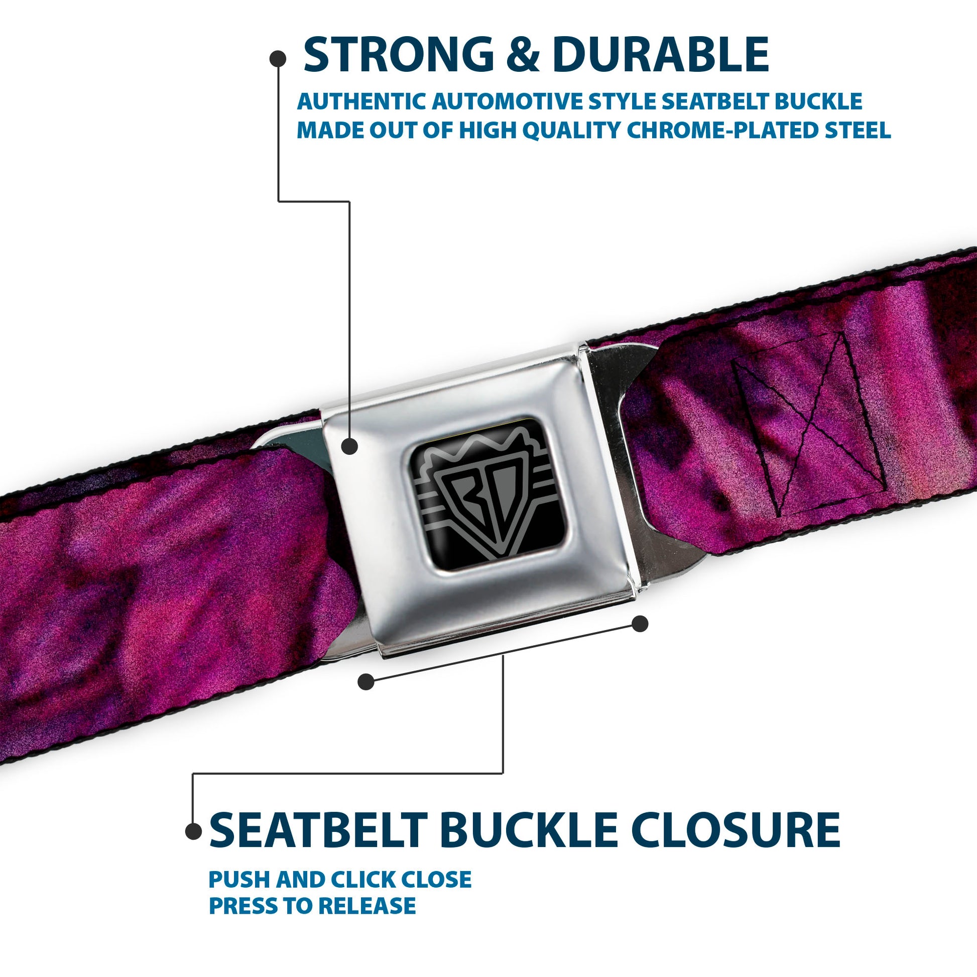 BD Wings Logo CLOSE-UP Full Color Black Silver Seatbelt Belt - Vivid Floral Collage Pinks Webbing Seatbelt Belts Buckle-Down
