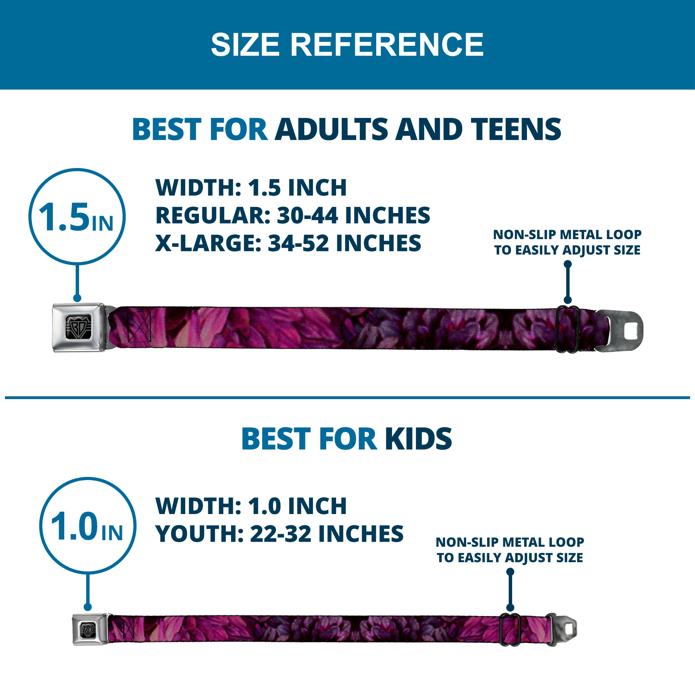 BD Wings Logo CLOSE-UP Full Color Black Silver Seatbelt Belt - Vivid Floral Collage Pinks Webbing Seatbelt Belts Buckle-Down