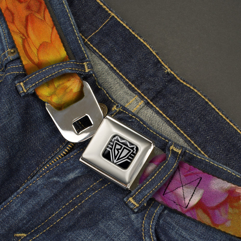 BD Wings Logo CLOSE-UP Full Color Black Silver Seatbelt Belt - Vivid Floral Collage Orange-Pinks Webbing Seatbelt Belts Buckle-Down