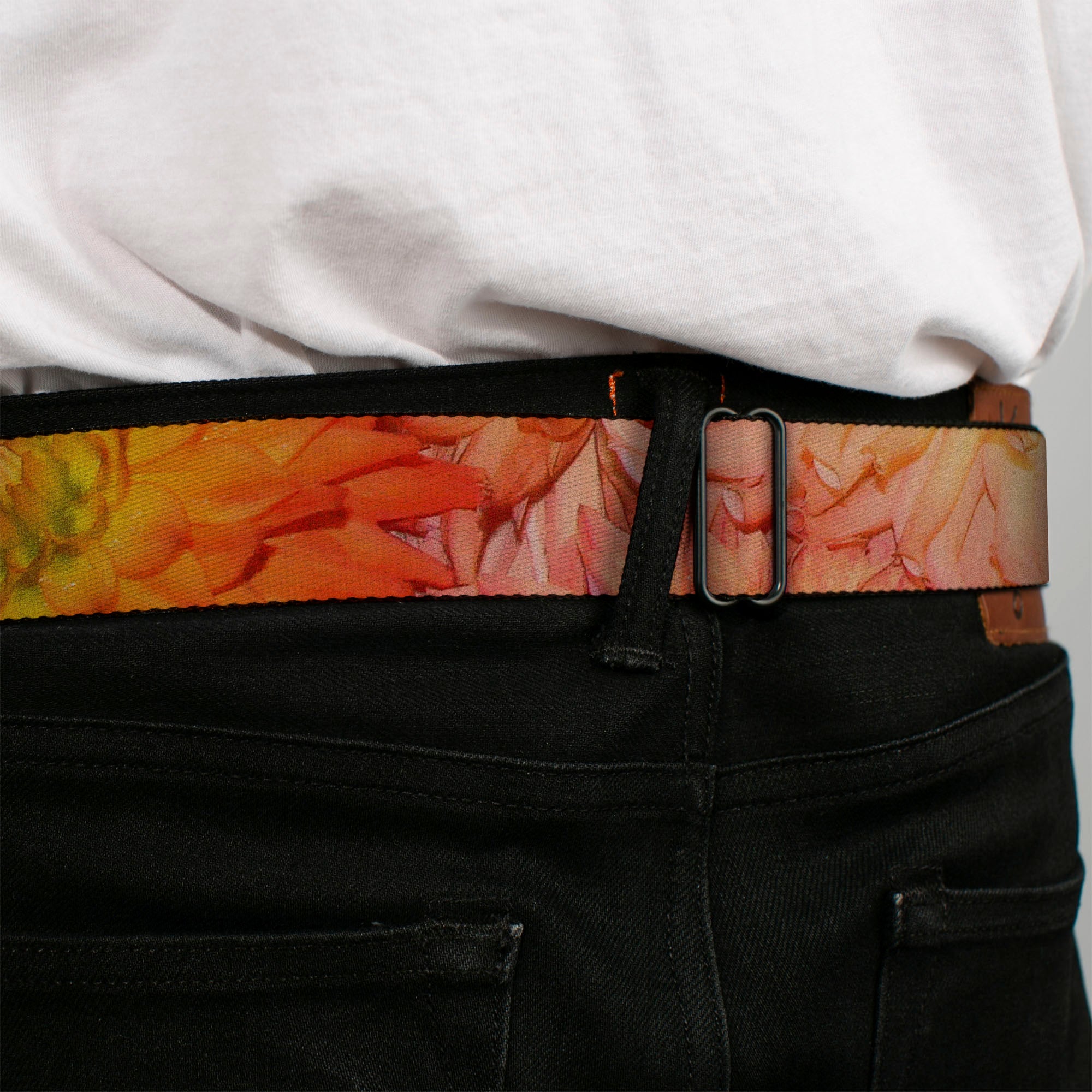 BD Wings Logo CLOSE-UP Full Color Black Silver Seatbelt Belt - Vivid Floral Collage Orange-Pinks Webbing Seatbelt Belts Buckle-Down
