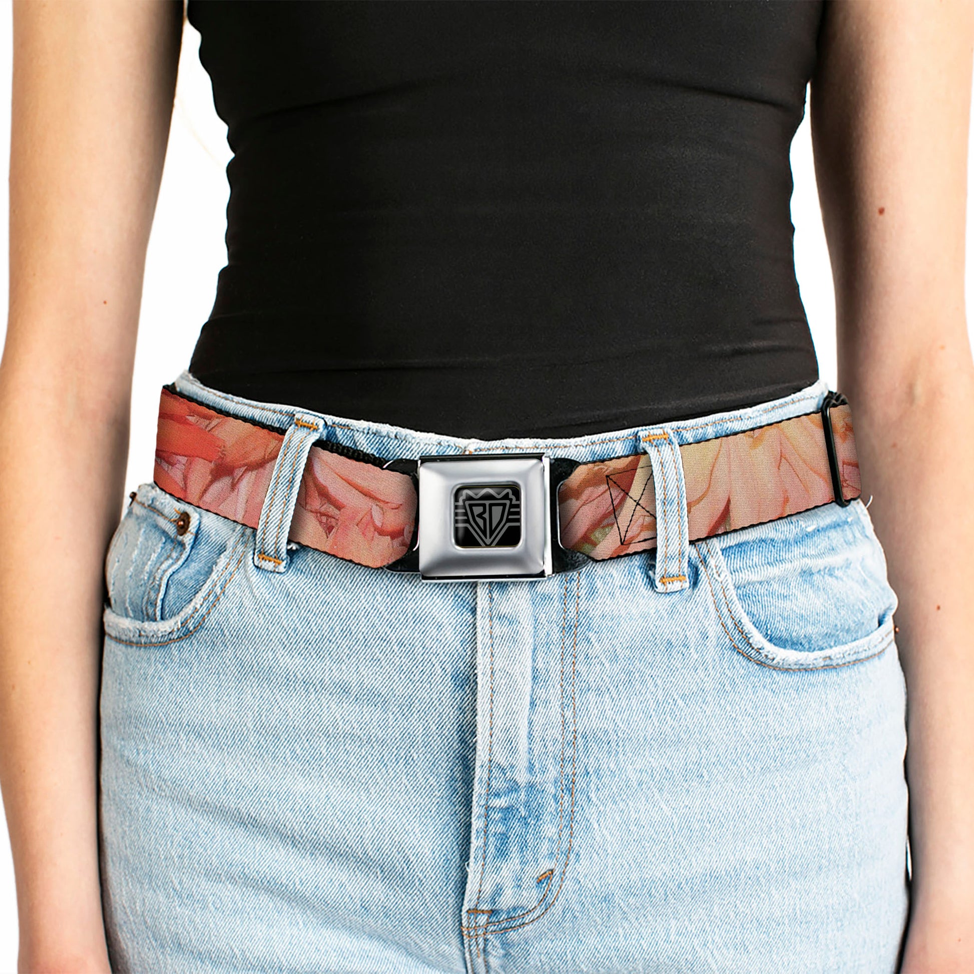 BD Wings Logo CLOSE-UP Full Color Black Silver Seatbelt Belt - Vivid Floral Collage Orange-Pinks Webbing Seatbelt Belts Buckle-Down