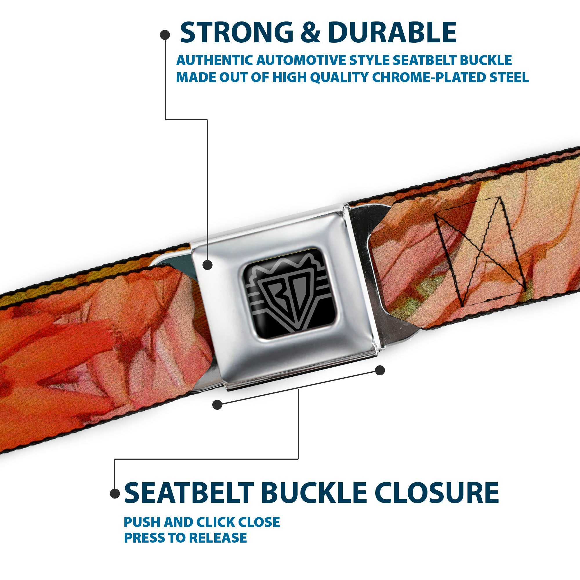 BD Wings Logo CLOSE-UP Full Color Black Silver Seatbelt Belt - Vivid Floral Collage Orange-Pinks Webbing Seatbelt Belts Buckle-Down
