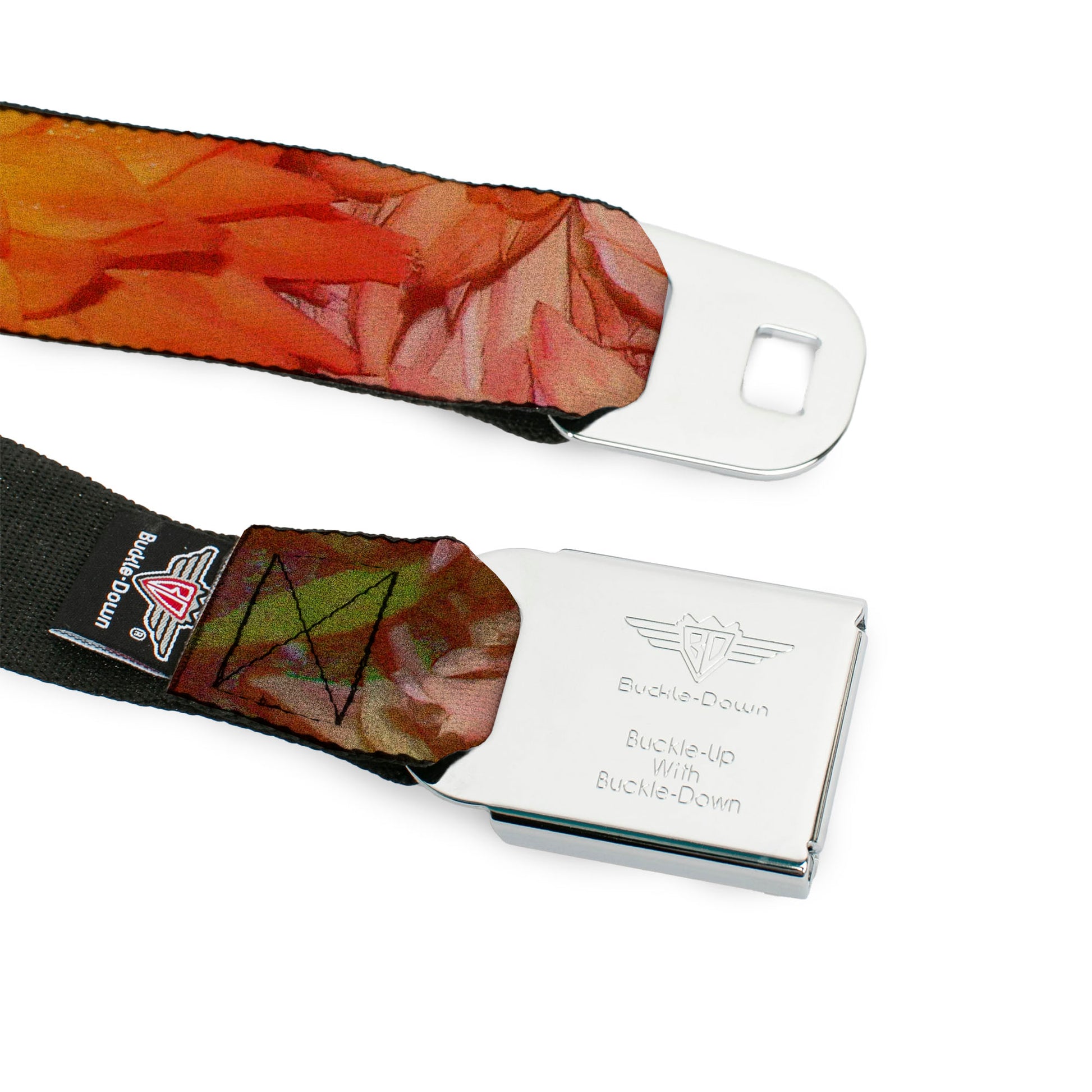 BD Wings Logo CLOSE-UP Full Color Black Silver Seatbelt Belt - Vivid Floral Collage Orange-Pinks Webbing Seatbelt Belts Buckle-Down