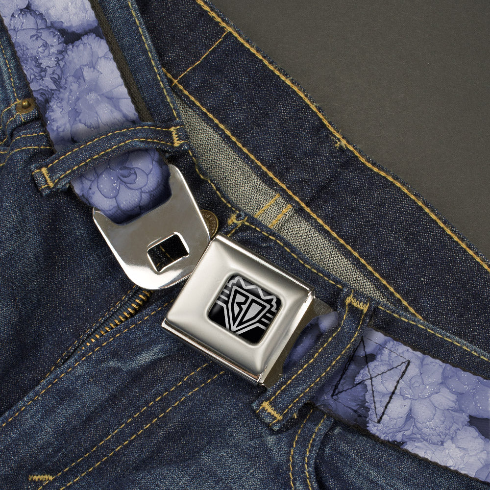 BD Wings Logo CLOSE-UP Full Color Black Silver Seatbelt Belt - Vivid Floral Collage2 Blues Webbing Seatbelt Belts Buckle-Down
