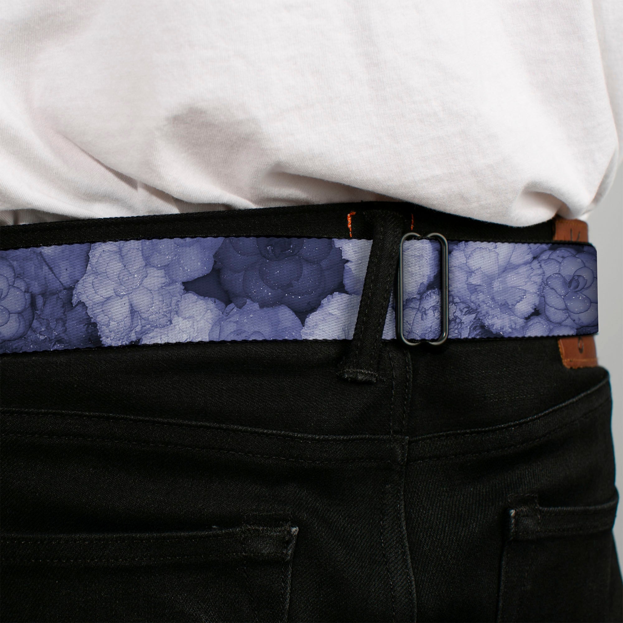 BD Wings Logo CLOSE-UP Full Color Black Silver Seatbelt Belt - Vivid Floral Collage2 Blues Webbing Seatbelt Belts Buckle-Down