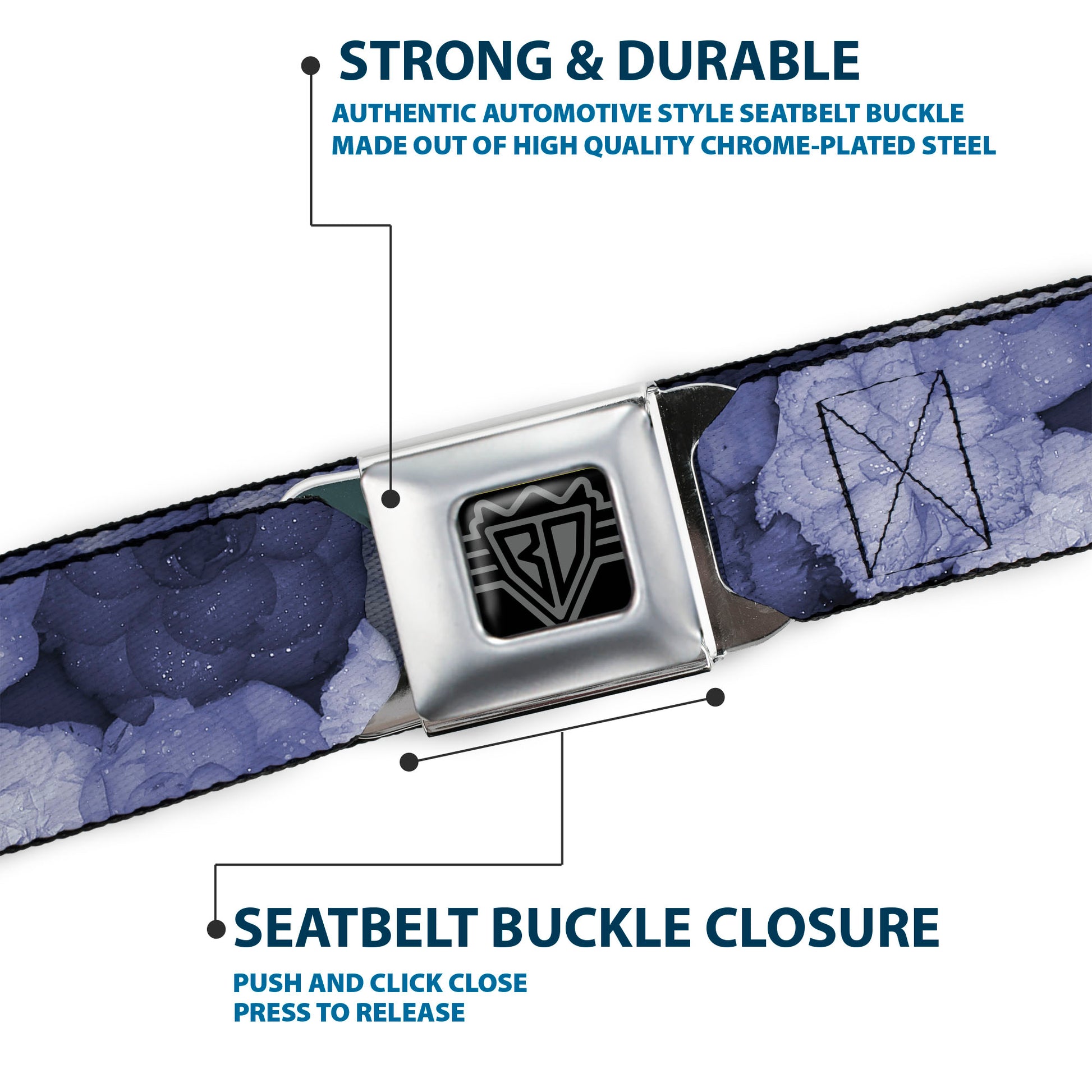 BD Wings Logo CLOSE-UP Full Color Black Silver Seatbelt Belt - Vivid Floral Collage2 Blues Webbing Seatbelt Belts Buckle-Down
