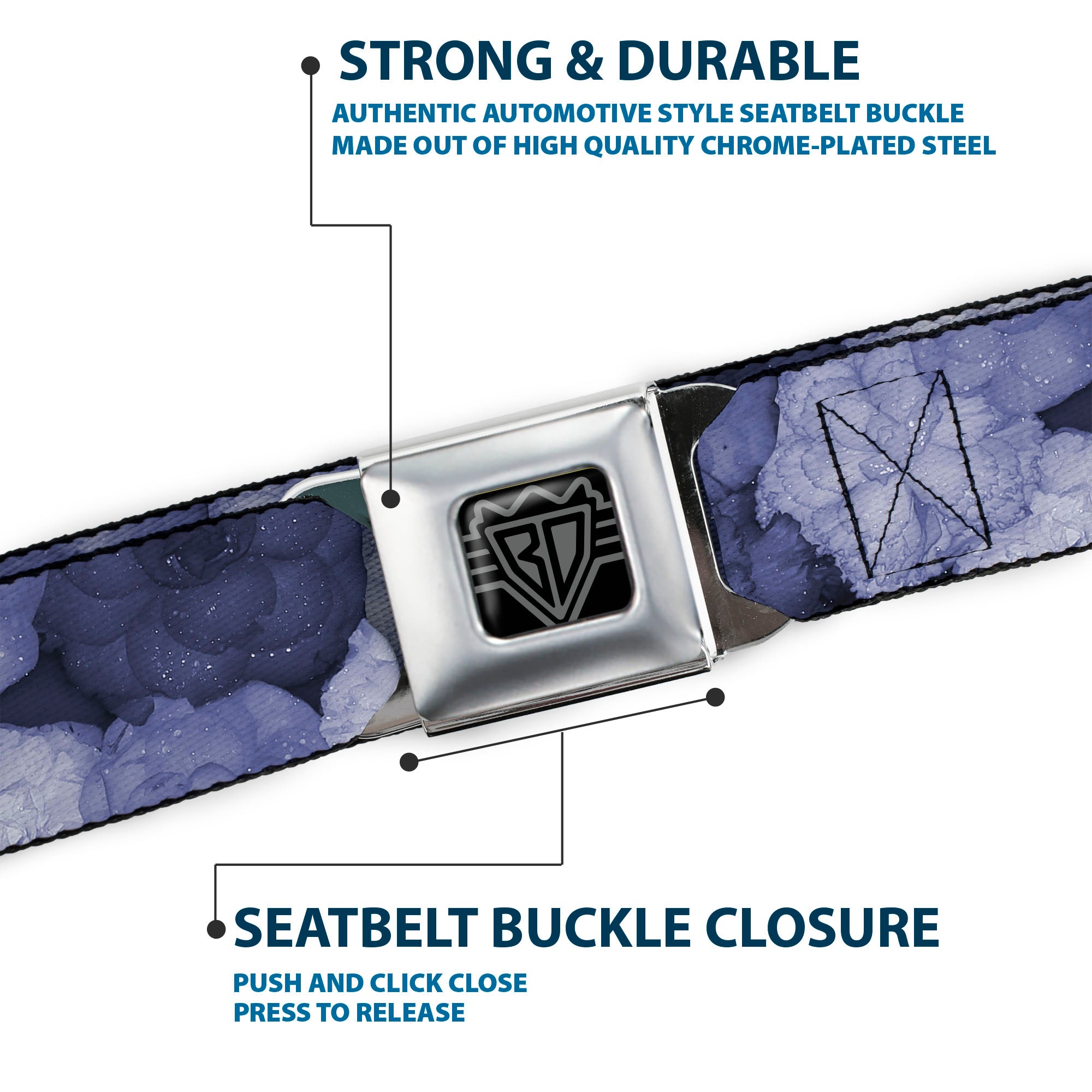BD Wings Logo CLOSE-UP Full Color Black Silver Seatbelt Belt - Vivid Floral Collage2 Blues Webbing Seatbelt Belts Buckle-Down