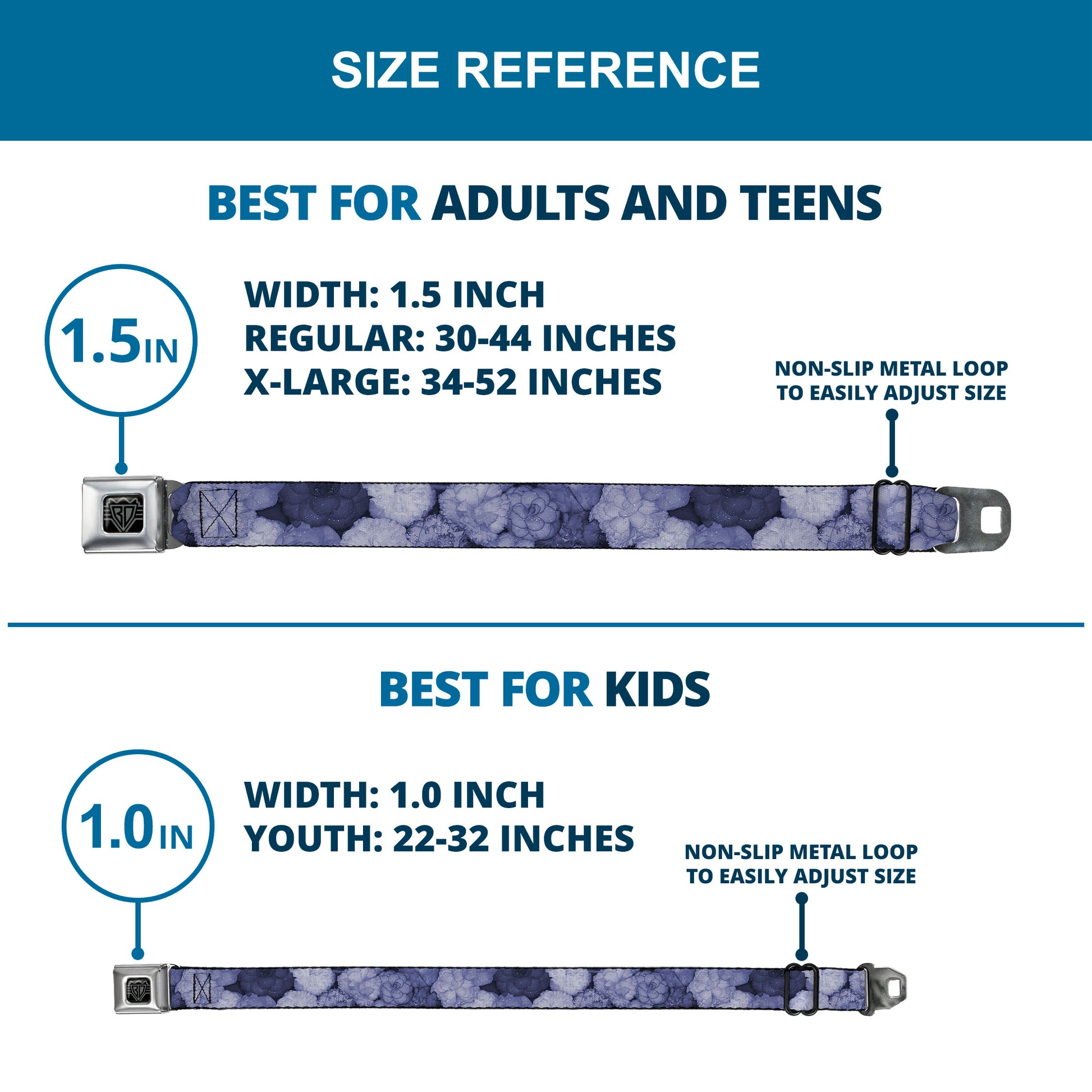 BD Wings Logo CLOSE-UP Full Color Black Silver Seatbelt Belt - Vivid Floral Collage2 Blues Webbing Seatbelt Belts Buckle-Down