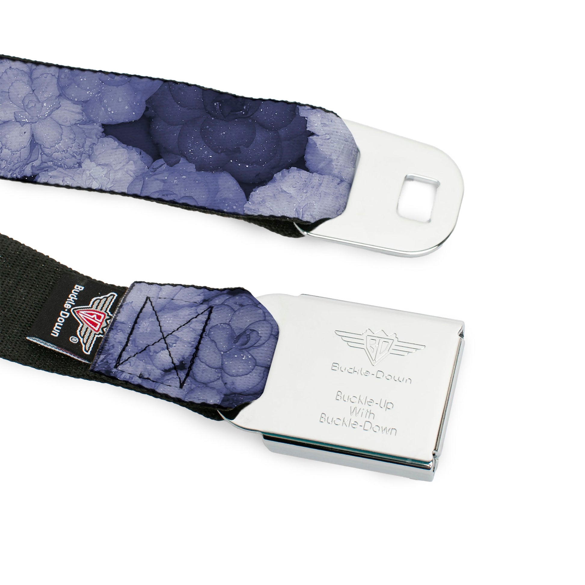 BD Wings Logo CLOSE-UP Full Color Black Silver Seatbelt Belt - Vivid Floral Collage2 Blues Webbing Seatbelt Belts Buckle-Down