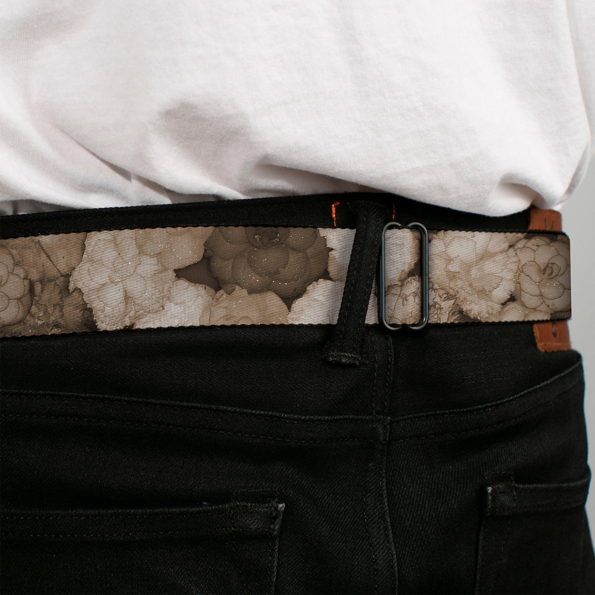 BD Wings Logo CLOSE-UP Full Color Black Silver Seatbelt Belt - Vivid Floral Collage2 Sepia Webbing Seatbelt Belts Buckle-Down