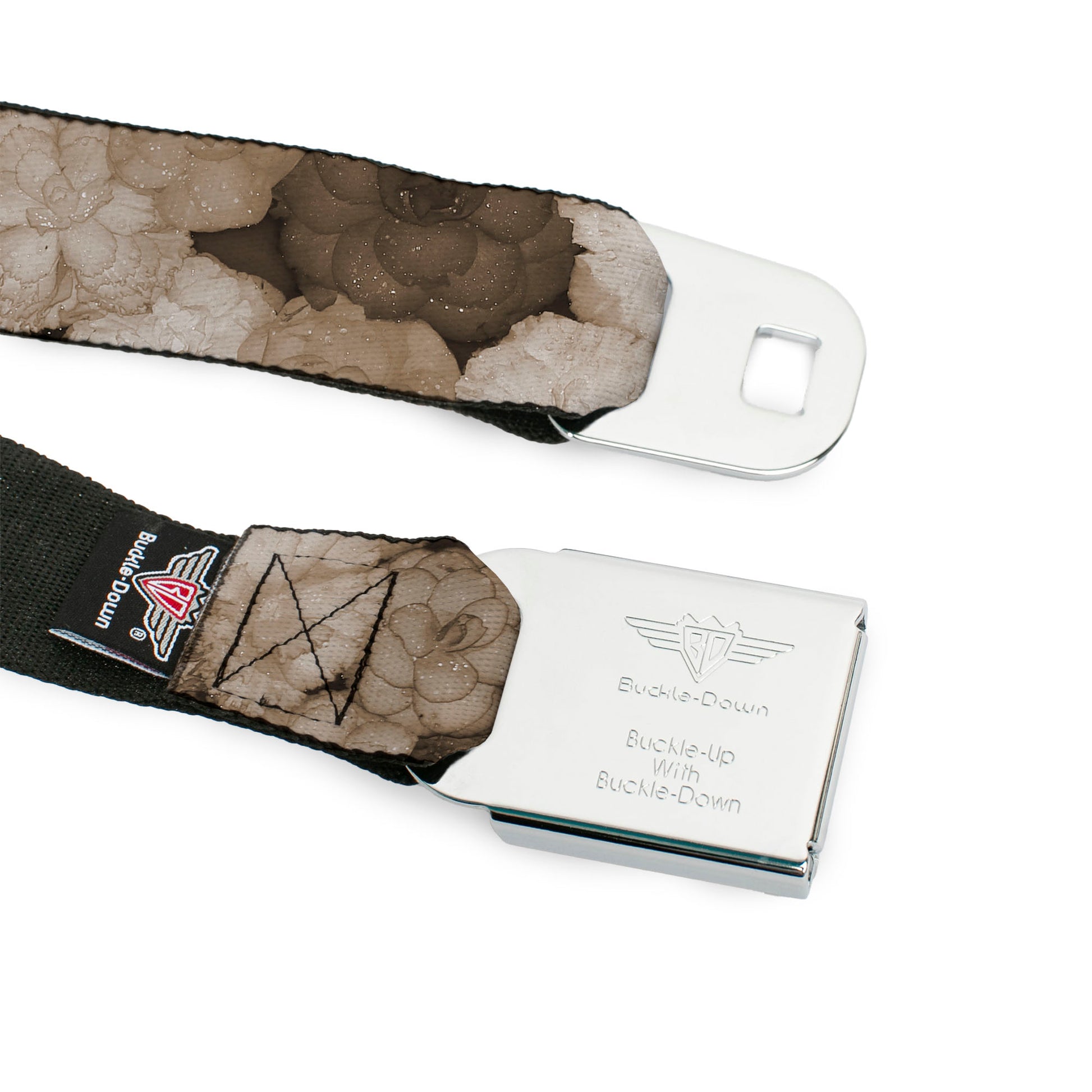 BD Wings Logo CLOSE-UP Full Color Black Silver Seatbelt Belt - Vivid Floral Collage2 Sepia Webbing Seatbelt Belts Buckle-Down