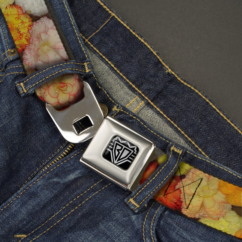 BD Wings Logo CLOSE-UP Full Color Black Silver Seatbelt Belt - Vivid Floral Collage2 Yellows/Pinks/Oranges Webbing Seatbelt Belts Buckle-Down