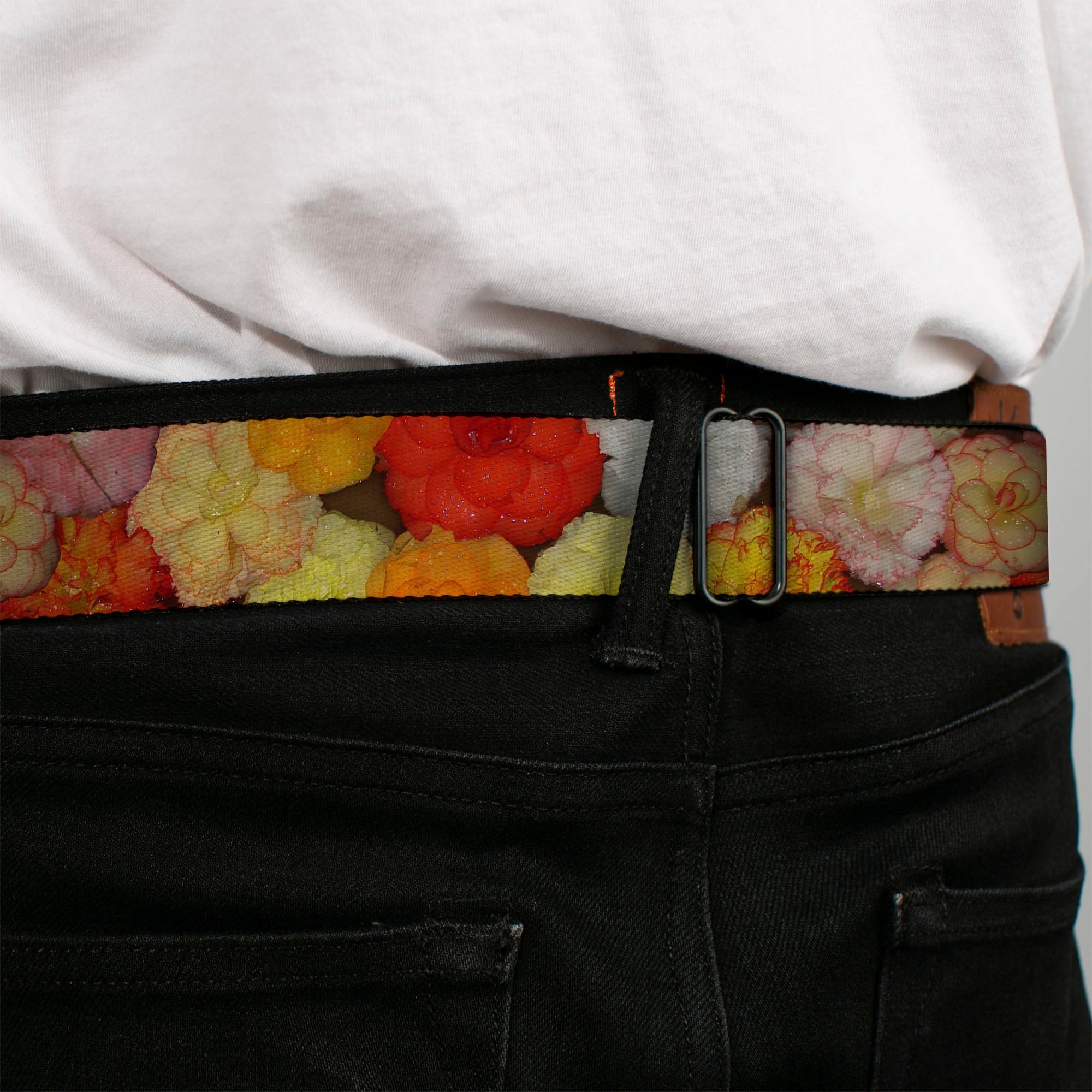 BD Wings Logo CLOSE-UP Full Color Black Silver Seatbelt Belt - Vivid Floral Collage2 Yellows/Pinks/Oranges Webbing Seatbelt Belts Buckle-Down