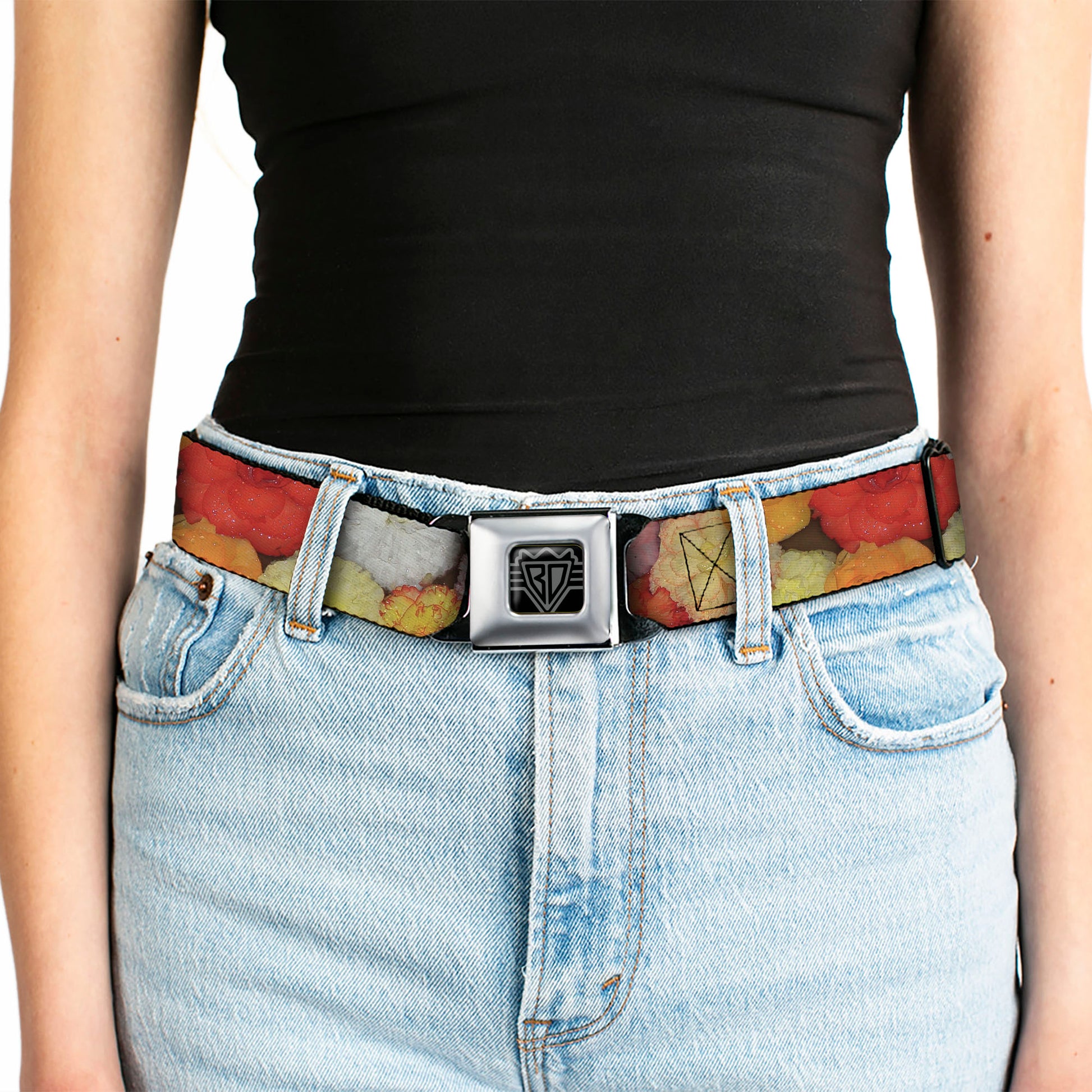 BD Wings Logo CLOSE-UP Full Color Black Silver Seatbelt Belt - Vivid Floral Collage2 Yellows/Pinks/Oranges Webbing Seatbelt Belts Buckle-Down