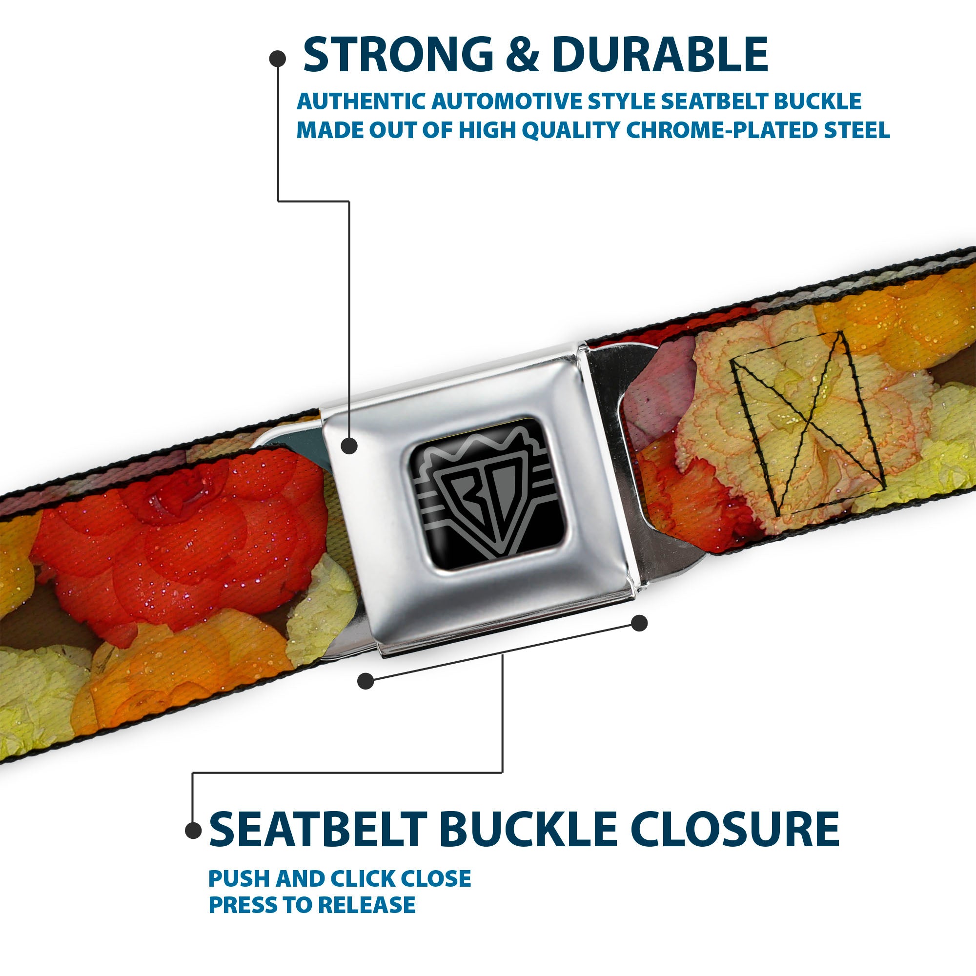 BD Wings Logo CLOSE-UP Full Color Black Silver Seatbelt Belt - Vivid Floral Collage2 Yellows/Pinks/Oranges Webbing Seatbelt Belts Buckle-Down