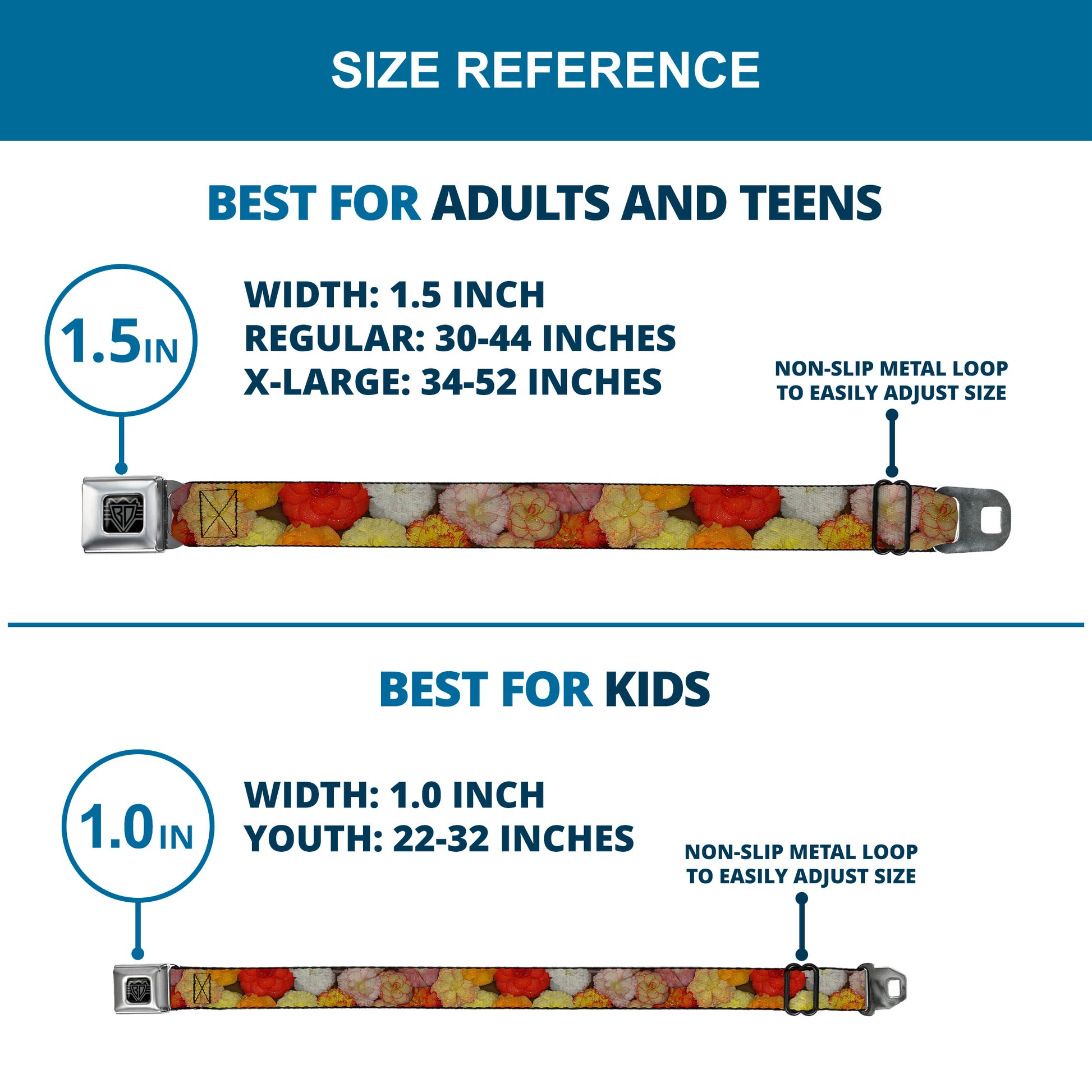 BD Wings Logo CLOSE-UP Full Color Black Silver Seatbelt Belt - Vivid Floral Collage2 Yellows/Pinks/Oranges Webbing Seatbelt Belts Buckle-Down