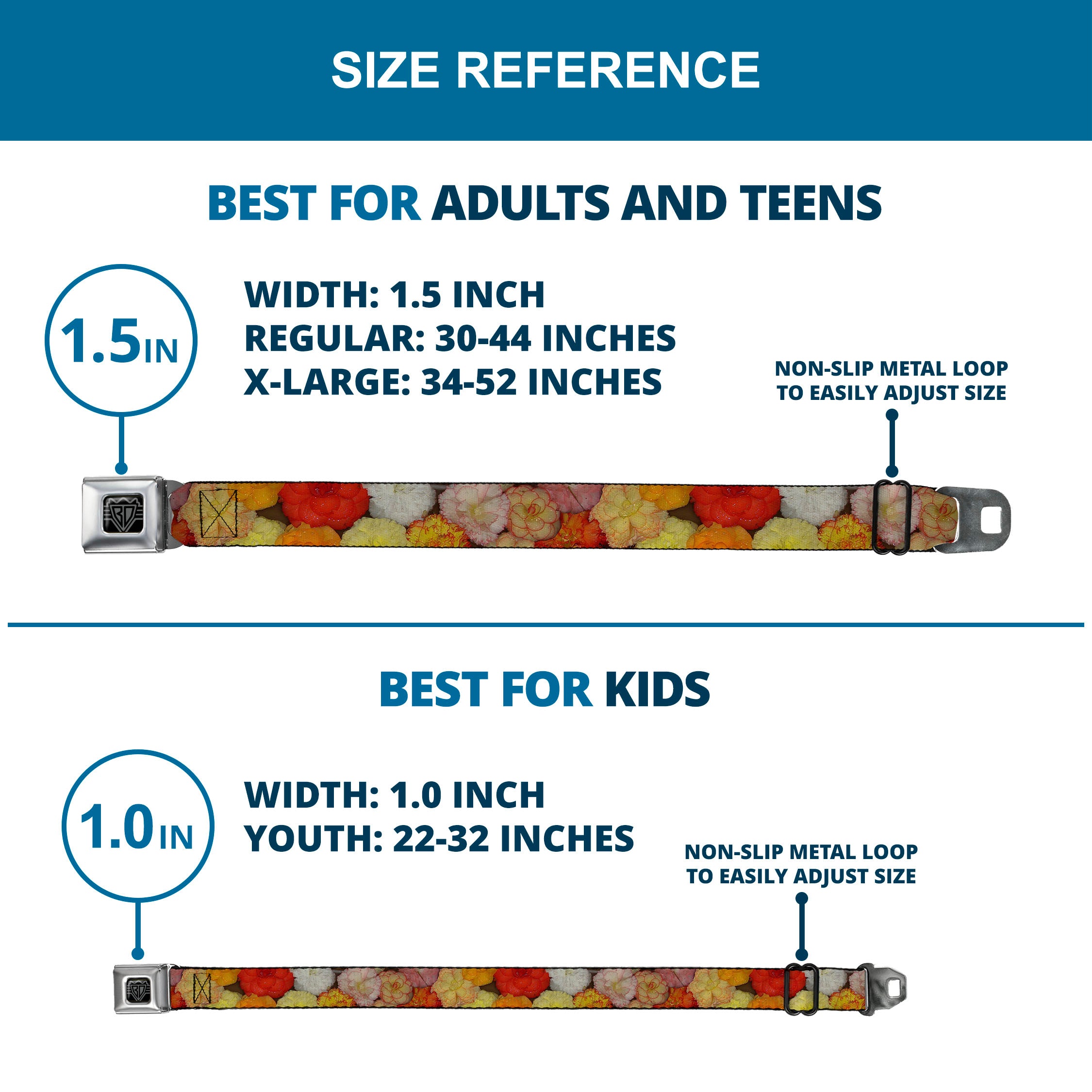 BD Wings Logo CLOSE-UP Full Color Black Silver Seatbelt Belt - Vivid Floral Collage2 Yellows/Pinks/Oranges Webbing Seatbelt Belts Buckle-Down