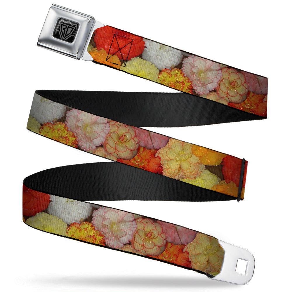 BD Wings Logo CLOSE-UP Full Color Black Silver Seatbelt Belt - Vivid Floral Collage2 Yellows/Pinks/Oranges Webbing Seatbelt Belts Buckle-Down
