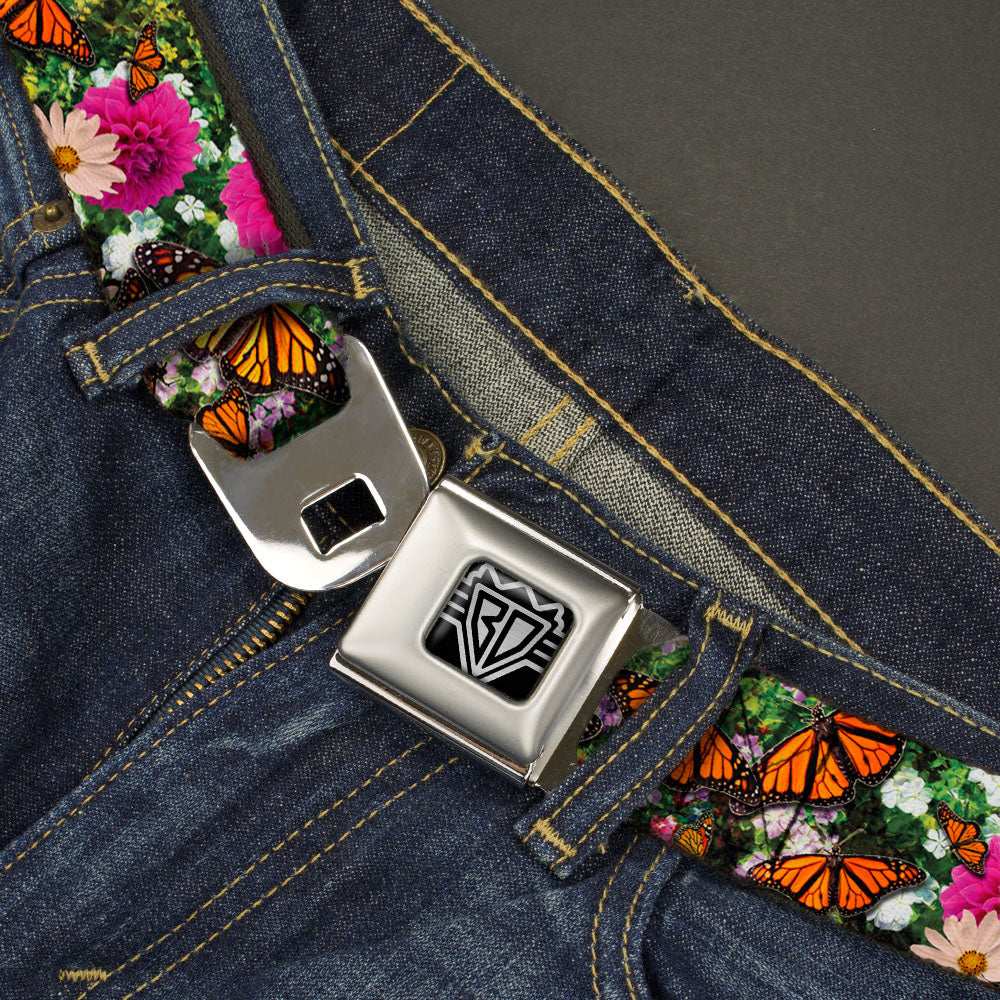 BD Wings Logo CLOSE-UP Full Color Black Silver Seatbelt Belt - Vivid Monarch Butterfly Garden Webbing Seatbelt Belts Buckle-Down