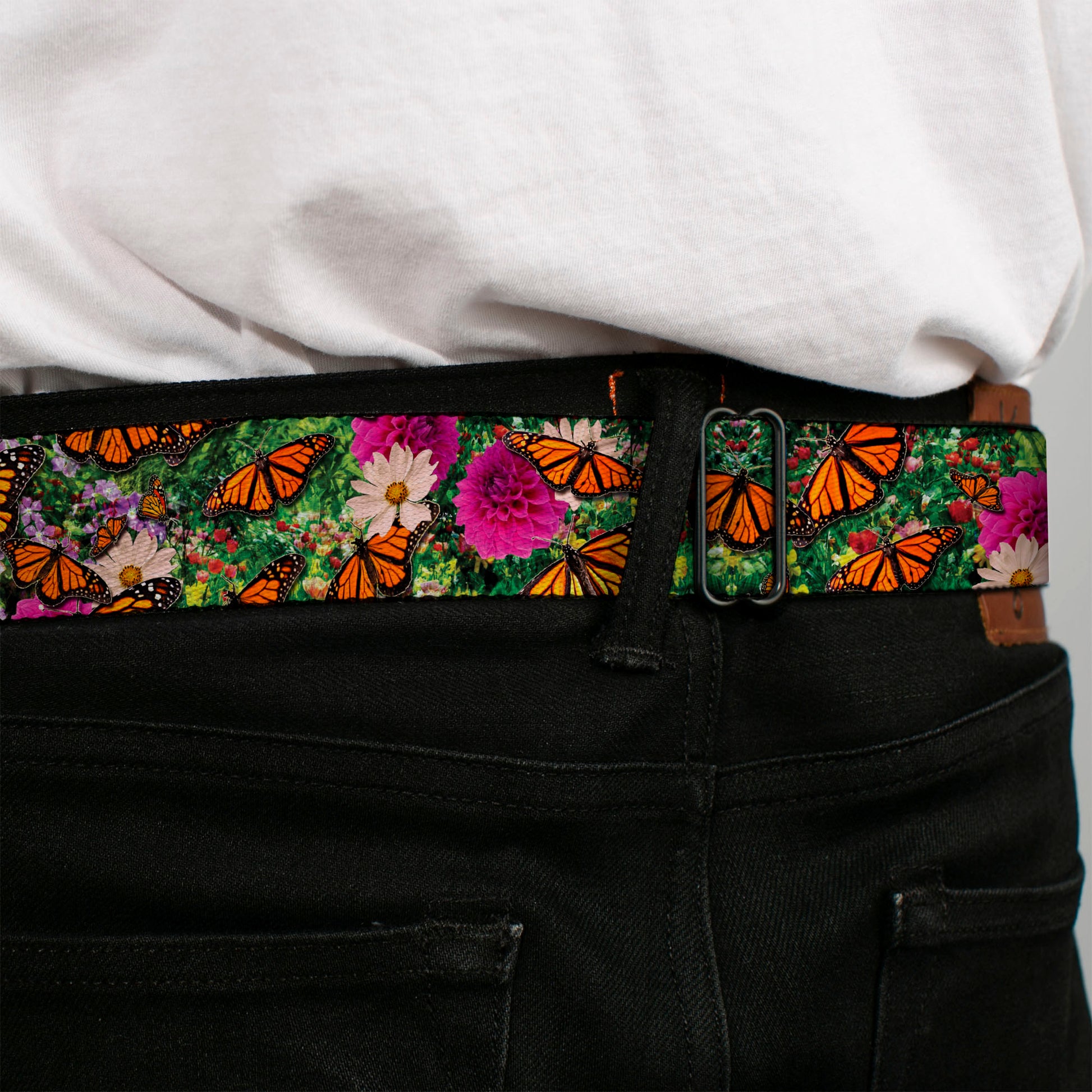 BD Wings Logo CLOSE-UP Full Color Black Silver Seatbelt Belt - Vivid Monarch Butterfly Garden Webbing Seatbelt Belts Buckle-Down