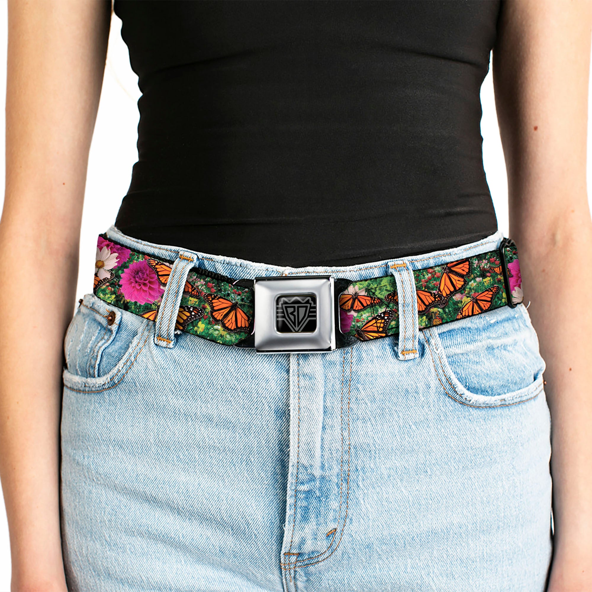BD Wings Logo CLOSE-UP Full Color Black Silver Seatbelt Belt - Vivid Monarch Butterfly Garden Webbing Seatbelt Belts Buckle-Down