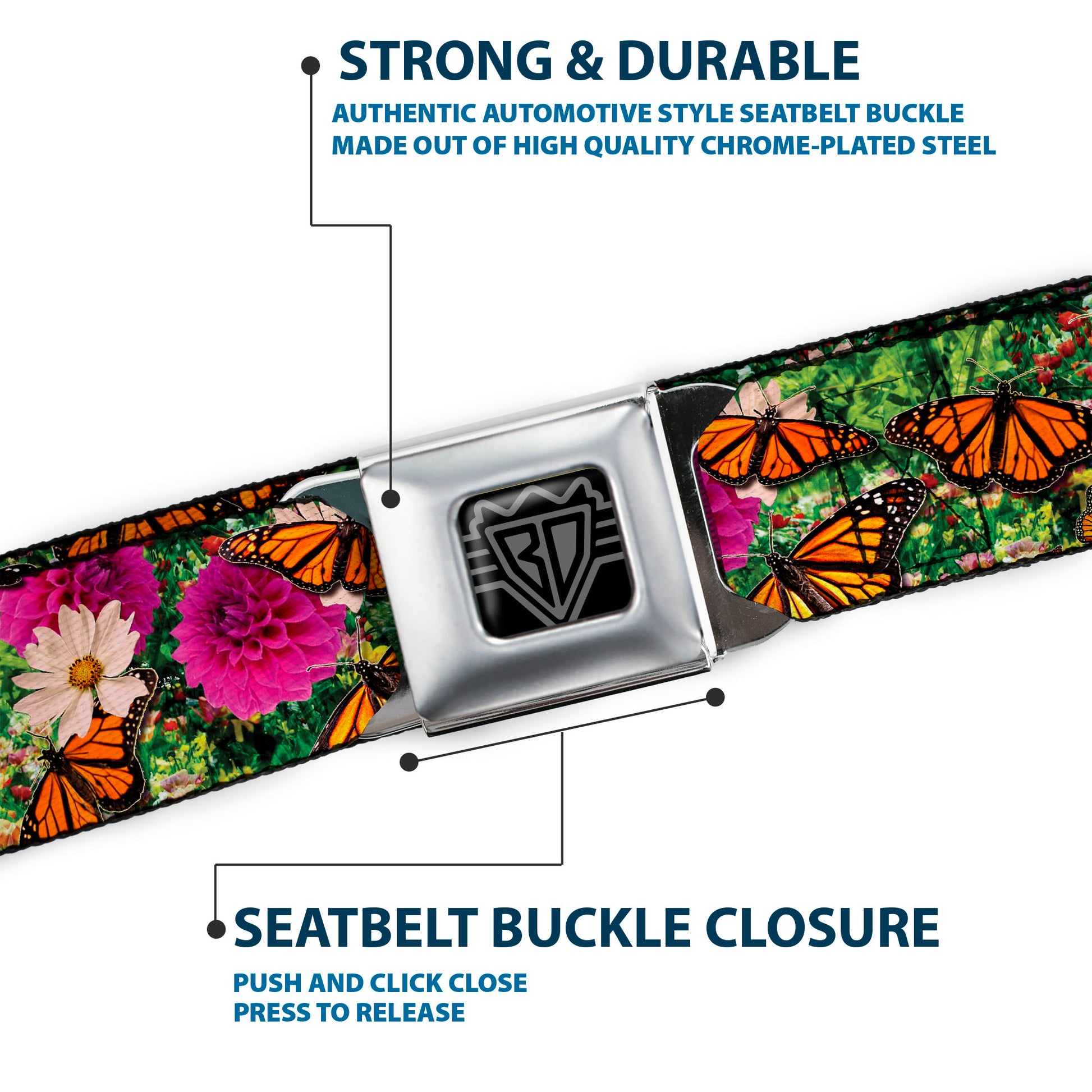 BD Wings Logo CLOSE-UP Full Color Black Silver Seatbelt Belt - Vivid Monarch Butterfly Garden Webbing Seatbelt Belts Buckle-Down