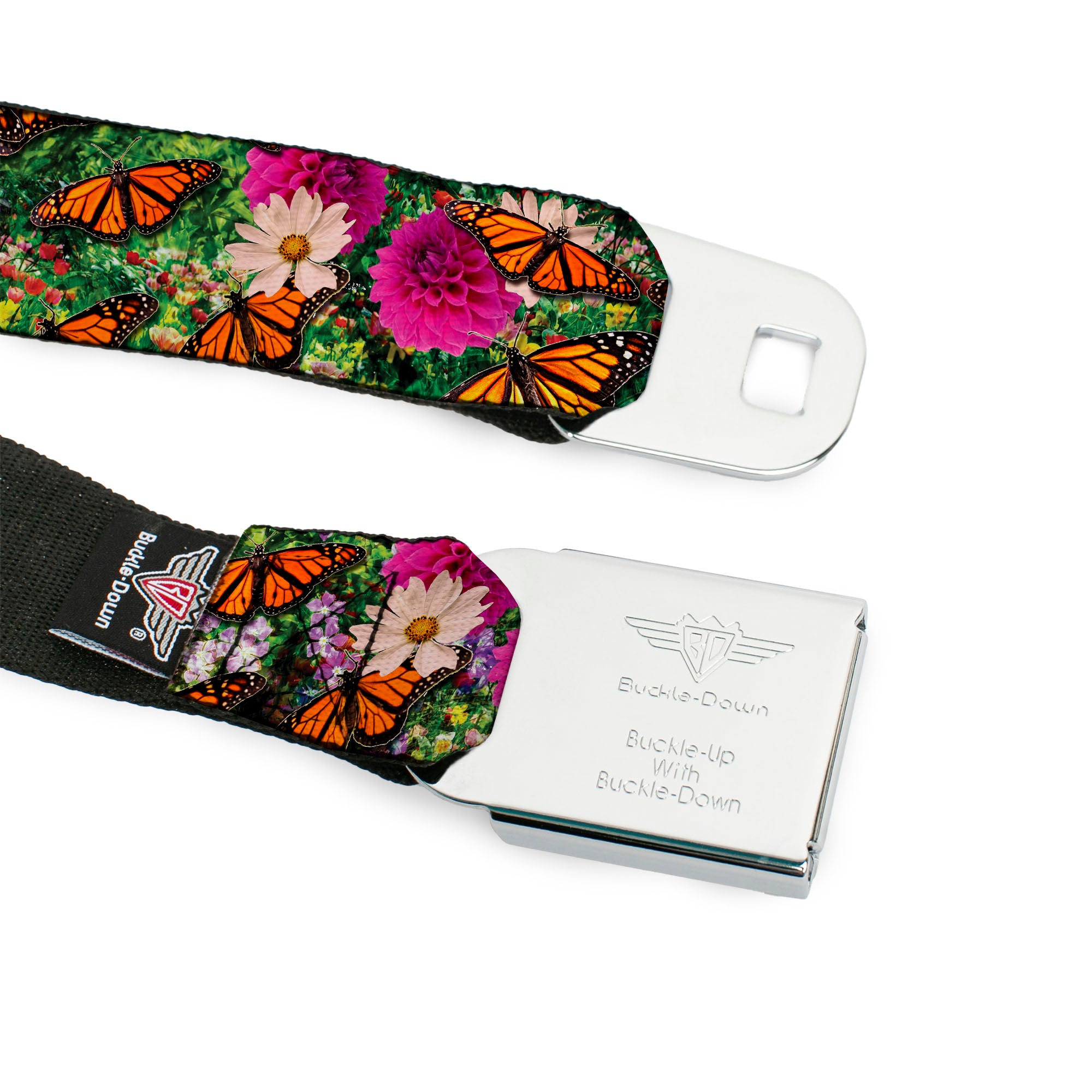 BD Wings Logo CLOSE-UP Full Color Black Silver Seatbelt Belt - Vivid Monarch Butterfly Garden Webbing Seatbelt Belts Buckle-Down