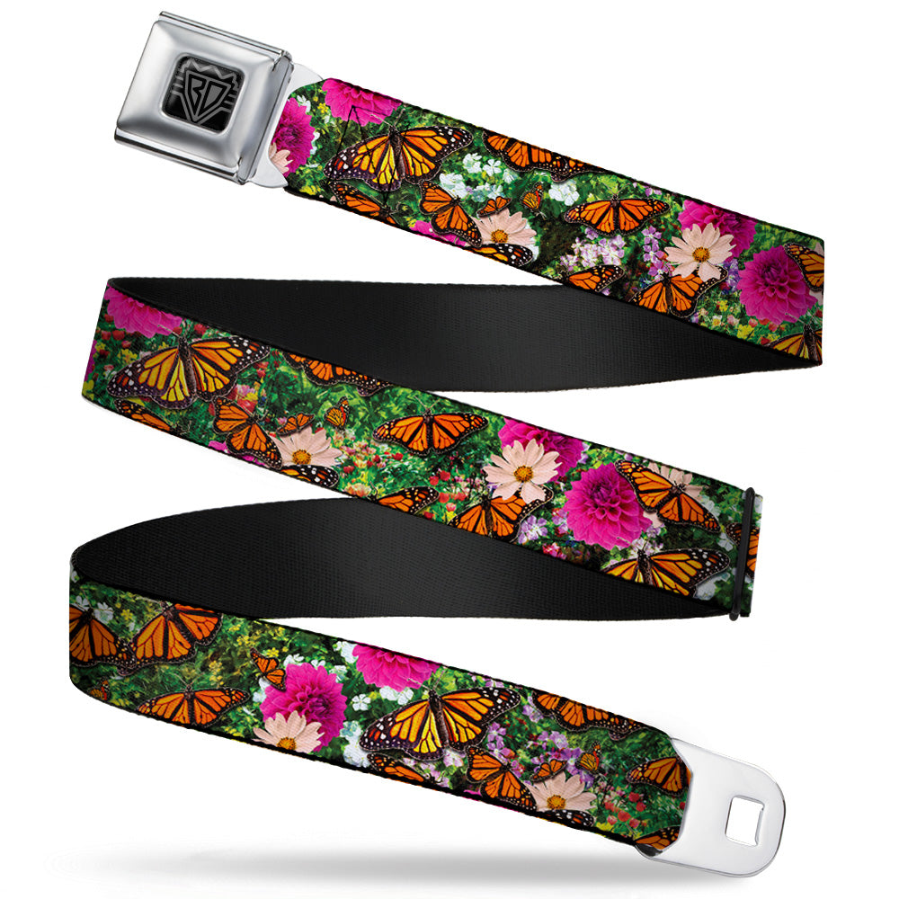 BD Wings Logo CLOSE-UP Full Color Black Silver Seatbelt Belt - Vivid Monarch Butterfly Garden Webbing Seatbelt Belts Buckle-Down