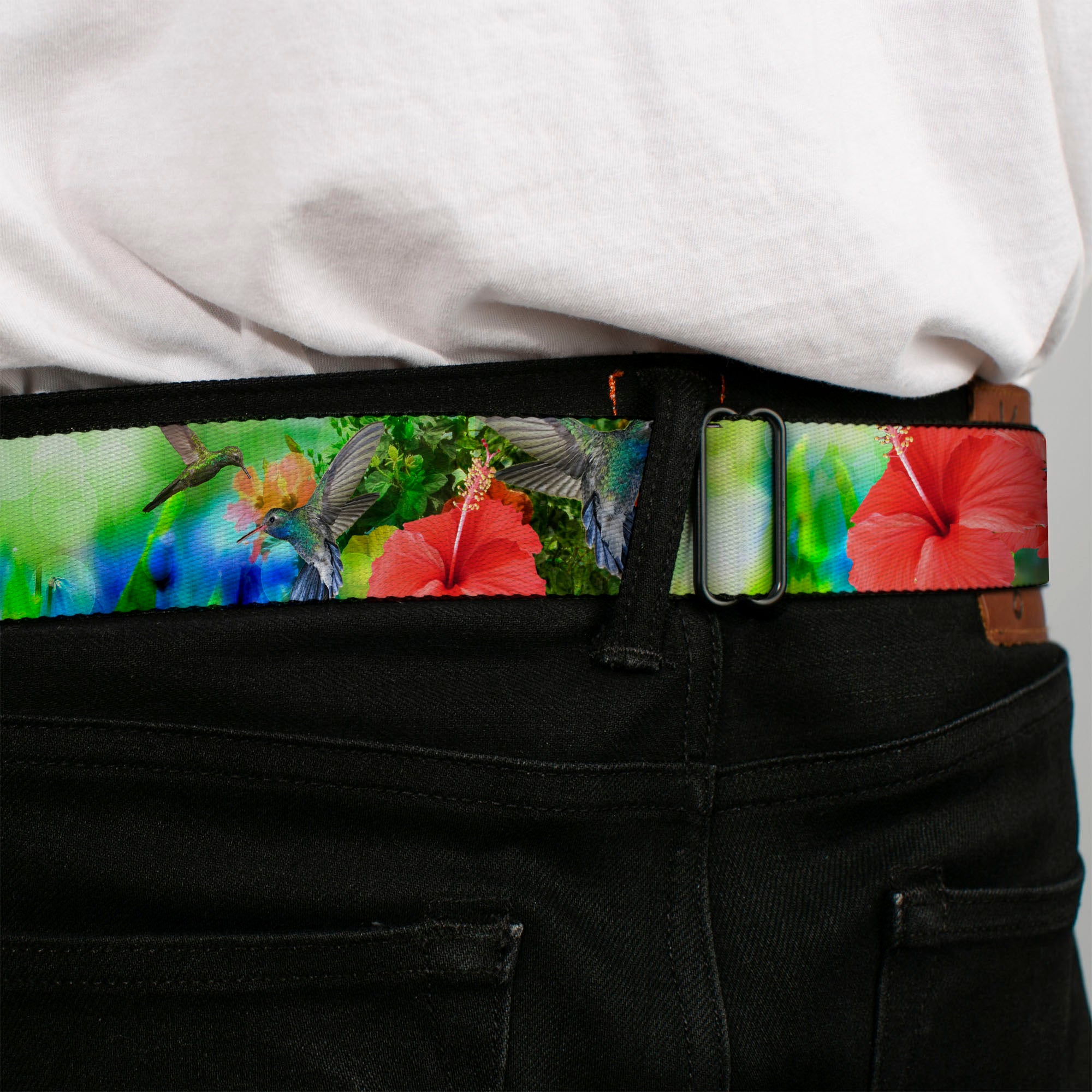 BD Wings Logo CLOSE-UP Full Color Black Silver Seatbelt Belt - Vivid Hummingbird Garden Webbing Seatbelt Belts Buckle-Down