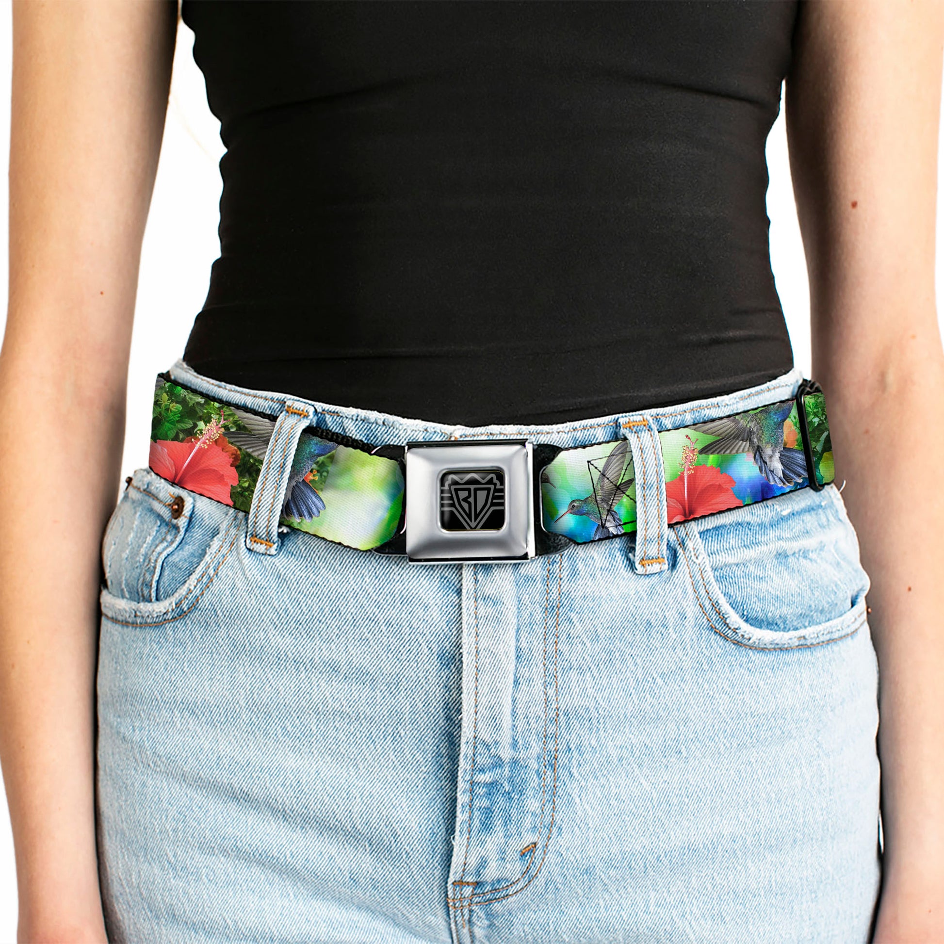 BD Wings Logo CLOSE-UP Full Color Black Silver Seatbelt Belt - Vivid Hummingbird Garden Webbing Seatbelt Belts Buckle-Down