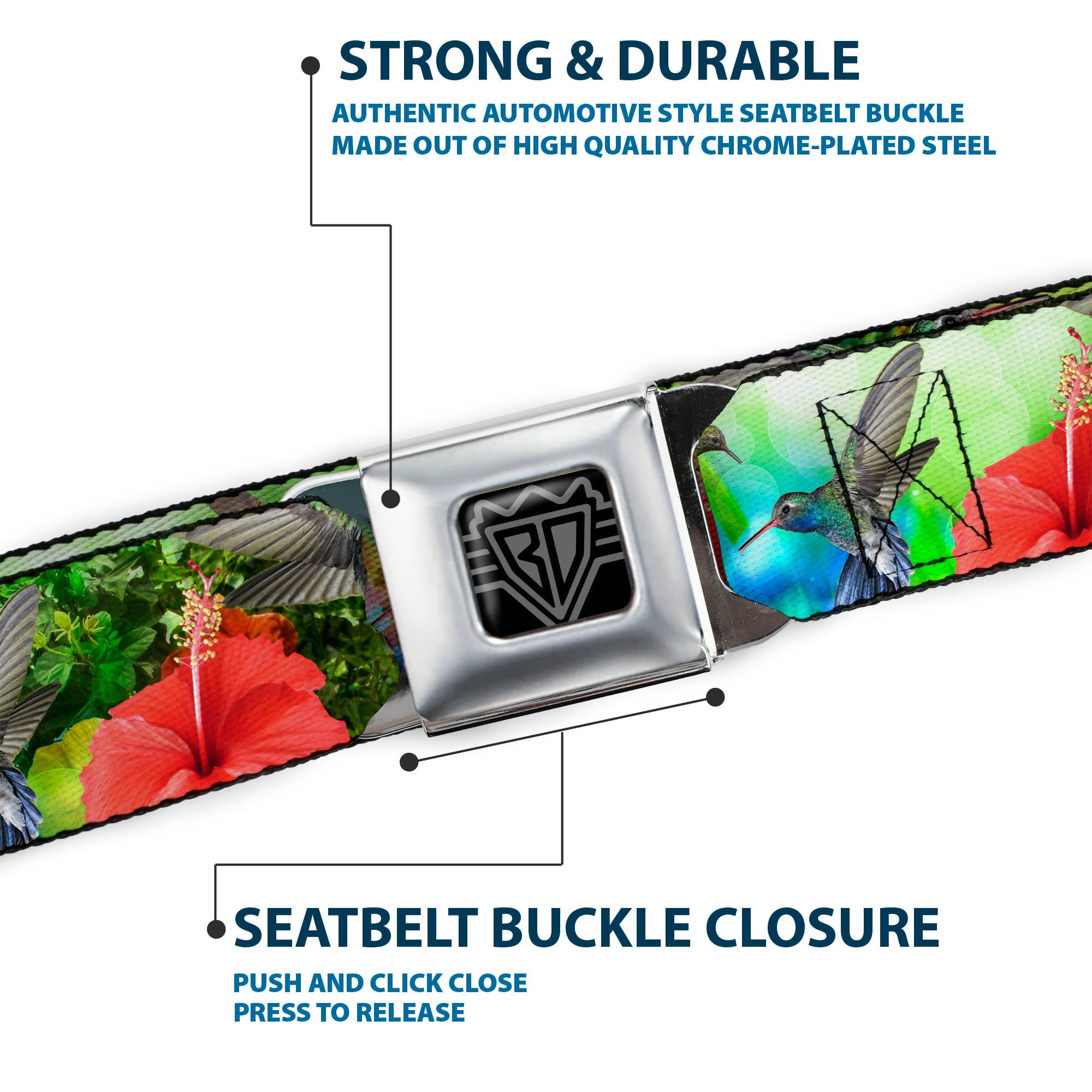 BD Wings Logo CLOSE-UP Full Color Black Silver Seatbelt Belt - Vivid Hummingbird Garden Webbing Seatbelt Belts Buckle-Down