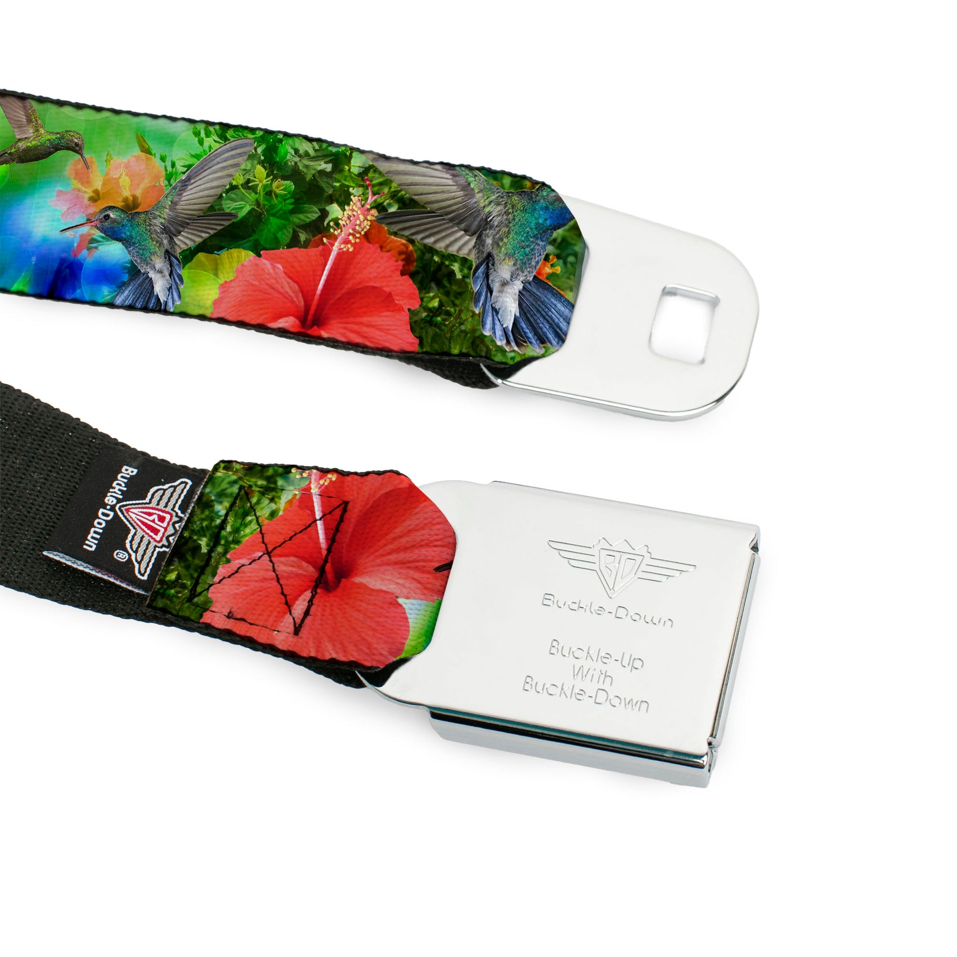 BD Wings Logo CLOSE-UP Full Color Black Silver Seatbelt Belt - Vivid Hummingbird Garden Webbing Seatbelt Belts Buckle-Down