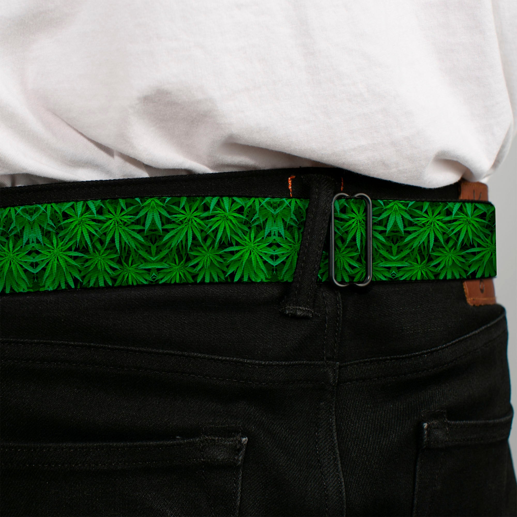 Seatbelt Belt - Vivid Marijuana Leaves Stacked Seatbelt Belts Buckle-Down
