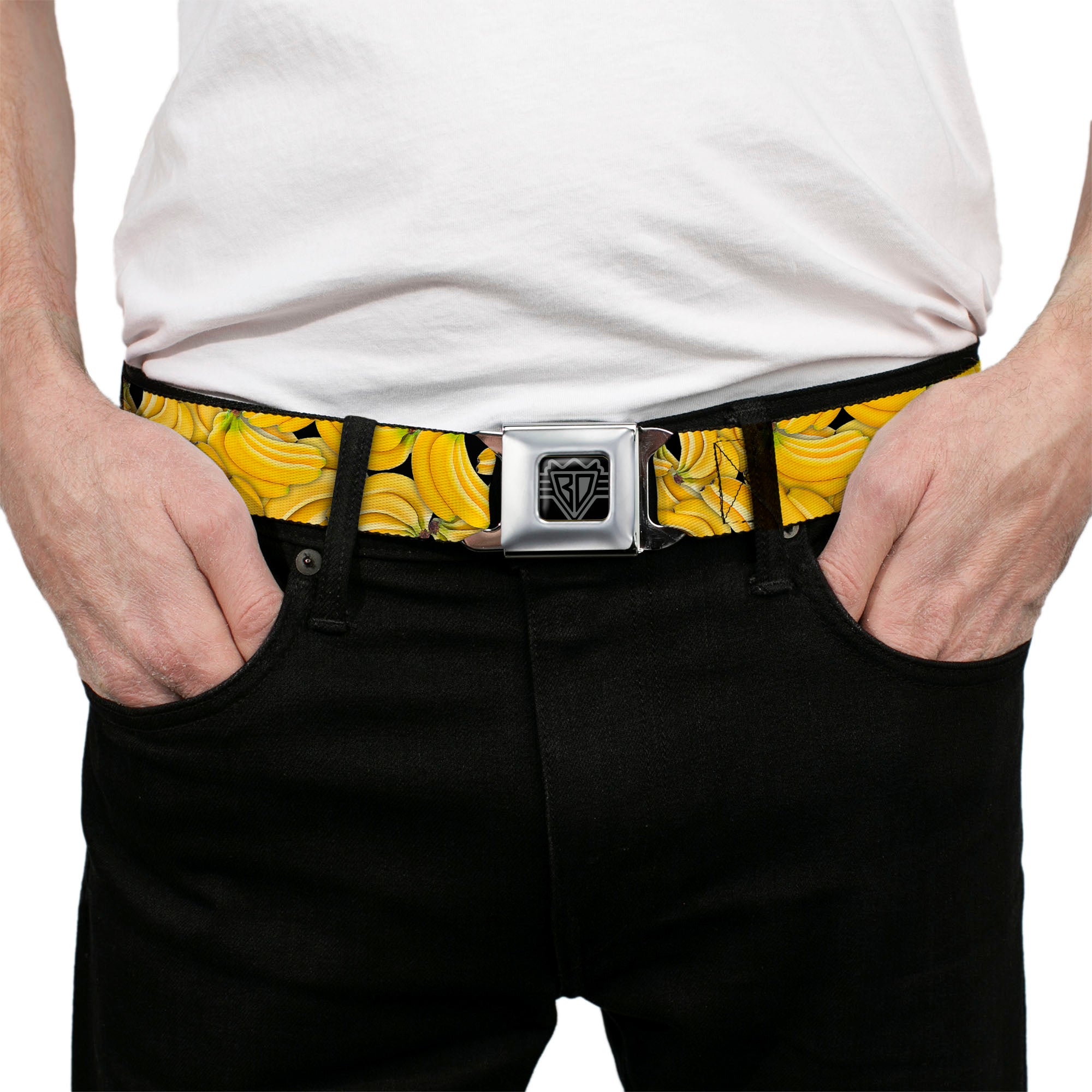 BD Wings Logo CLOSE-UP Full Color Black Silver Seatbelt Belt - Vivid Banana Bunches Stacked Webbing Seatbelt Belts Buckle-Down