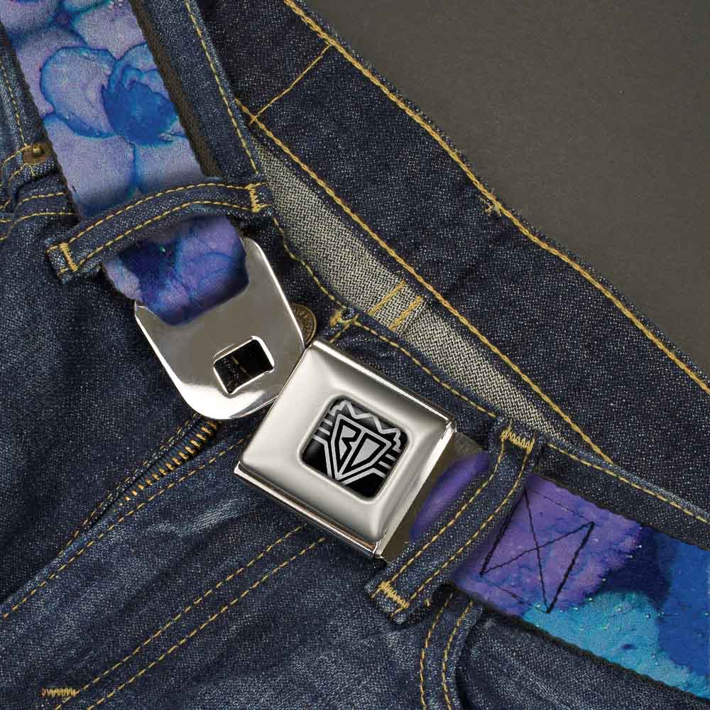 BD Wings Logo CLOSE-UP Full Color Black Silver Seatbelt Belt - Vivid Floral Collage3 Blues/Purples Webbing Seatbelt Belts Buckle-Down