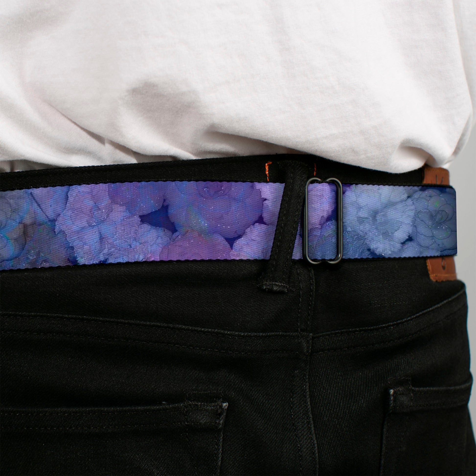 BD Wings Logo CLOSE-UP Full Color Black Silver Seatbelt Belt - Vivid Floral Collage3 Blues/Purples Webbing Seatbelt Belts Buckle-Down