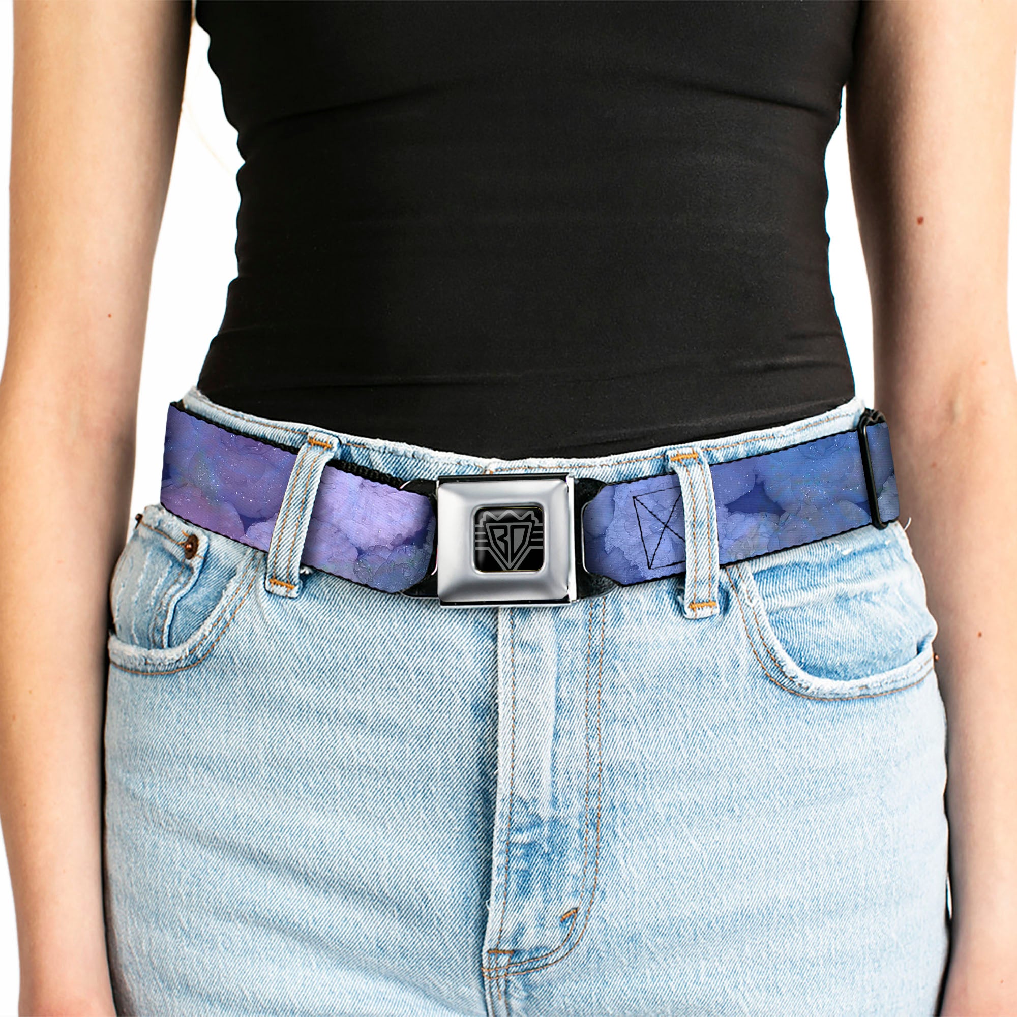 BD Wings Logo CLOSE-UP Full Color Black Silver Seatbelt Belt - Vivid Floral Collage3 Blues/Purples Webbing Seatbelt Belts Buckle-Down