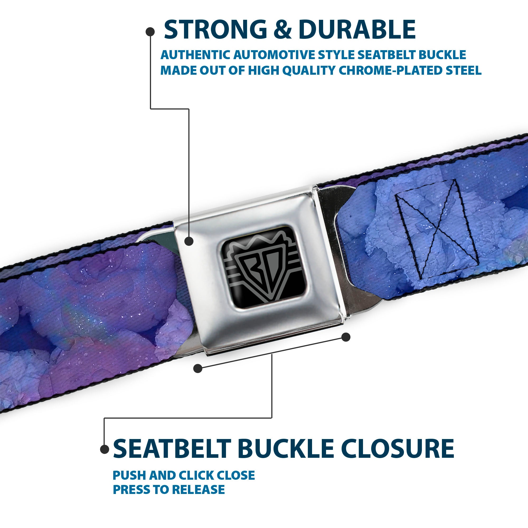 BD Wings Logo CLOSE-UP Full Color Black Silver Seatbelt Belt - Vivid Floral Collage3 Blues/Purples Webbing Seatbelt Belts Buckle-Down