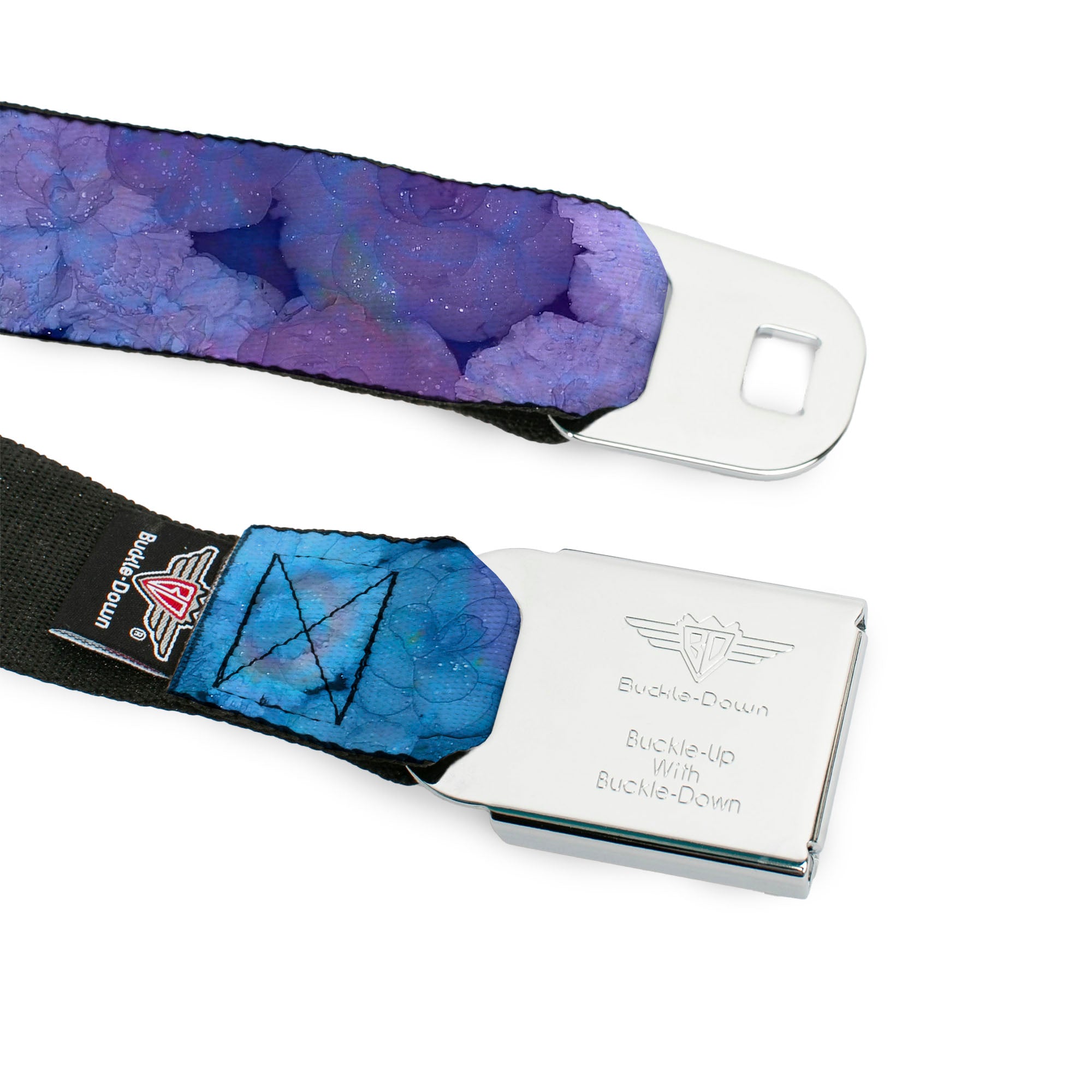 BD Wings Logo CLOSE-UP Full Color Black Silver Seatbelt Belt - Vivid Floral Collage3 Blues/Purples Webbing Seatbelt Belts Buckle-Down