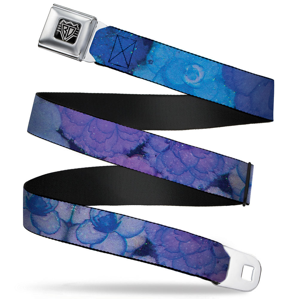 BD Wings Logo CLOSE-UP Full Color Black Silver Seatbelt Belt - Vivid Floral Collage3 Blues/Purples Webbing Seatbelt Belts Buckle-Down