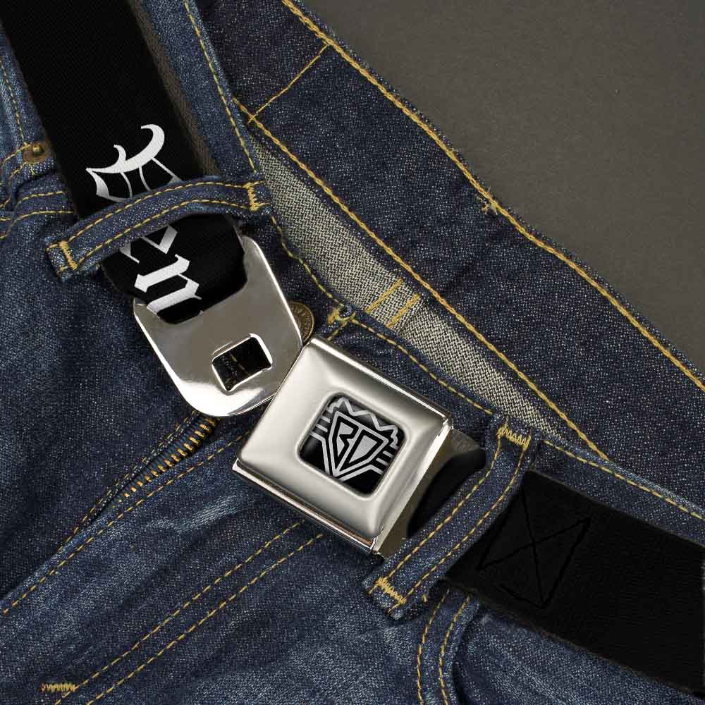BD Wings Logo CLOSE-UP Full Color Black Silver Seatbelt Belt - VENICE Old English Black/White Webbing Seatbelt Belts Buckle-Down