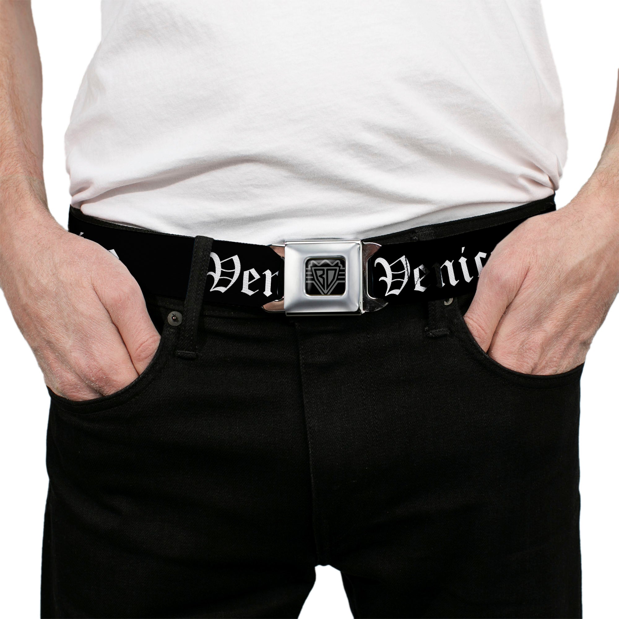 BD Wings Logo CLOSE-UP Full Color Black Silver Seatbelt Belt - VENICE Old English Black/White Webbing Seatbelt Belts Buckle-Down
