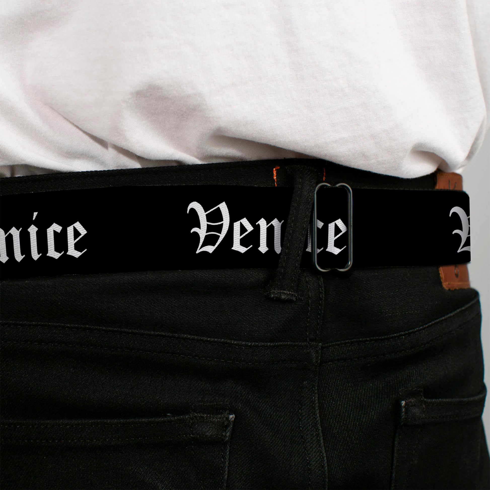 BD Wings Logo CLOSE-UP Full Color Black Silver Seatbelt Belt - VENICE Old English Black/White Webbing Seatbelt Belts Buckle-Down