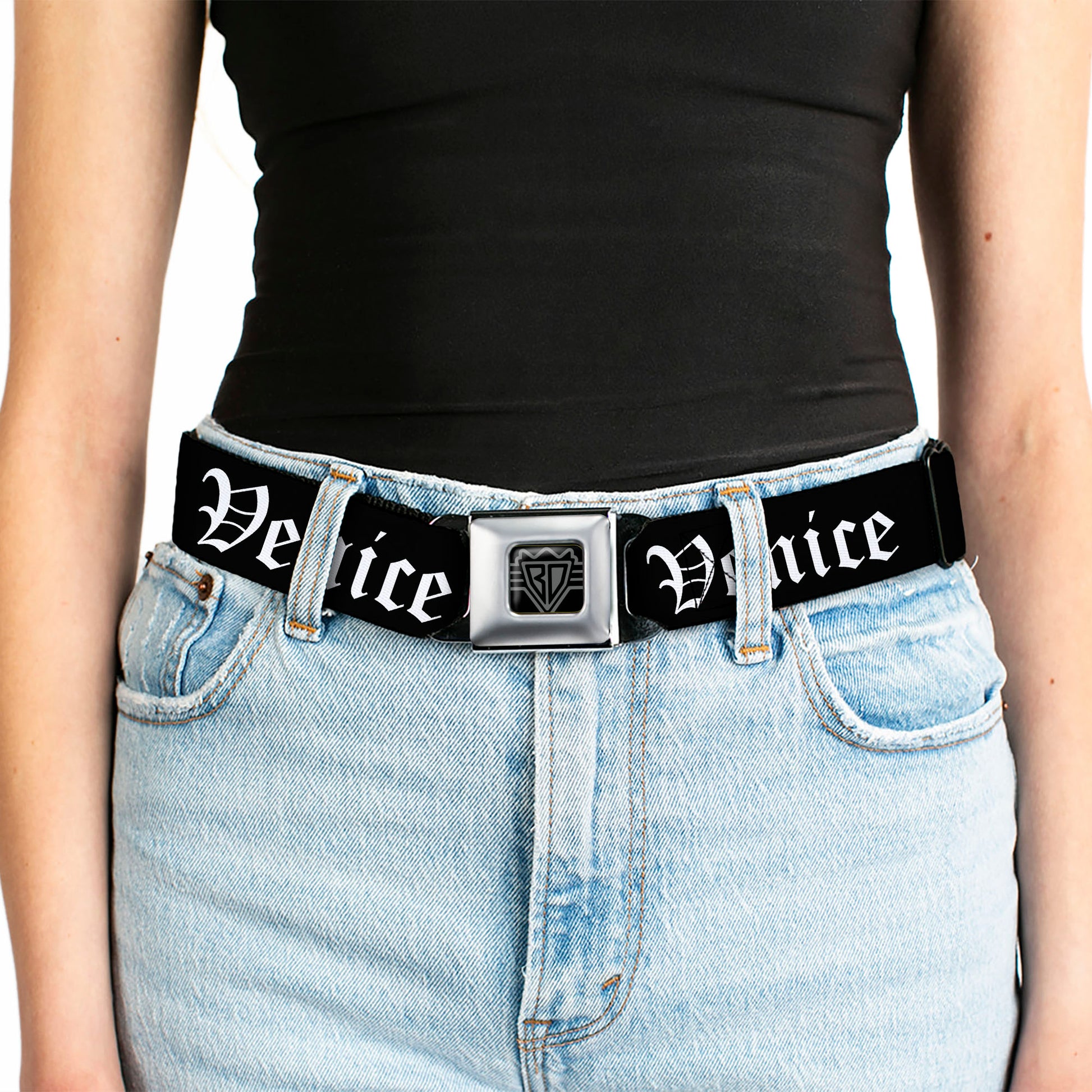 BD Wings Logo CLOSE-UP Full Color Black Silver Seatbelt Belt - VENICE Old English Black/White Webbing Seatbelt Belts Buckle-Down