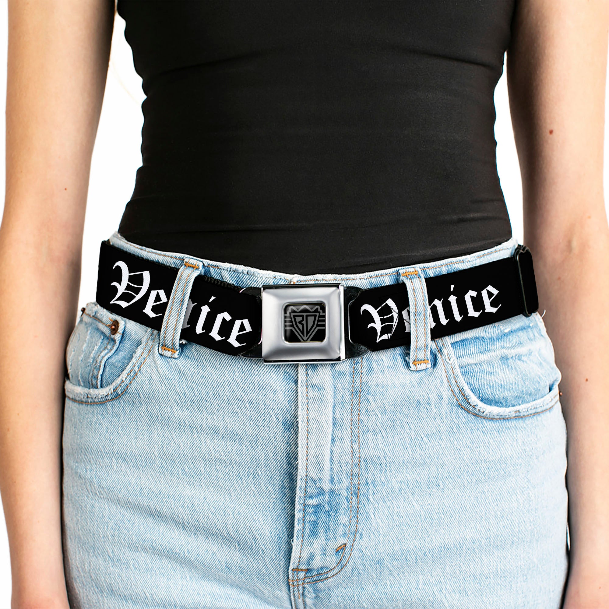 BD Wings Logo CLOSE-UP Full Color Black Silver Seatbelt Belt - VENICE Old English Black/White Webbing Seatbelt Belts Buckle-Down